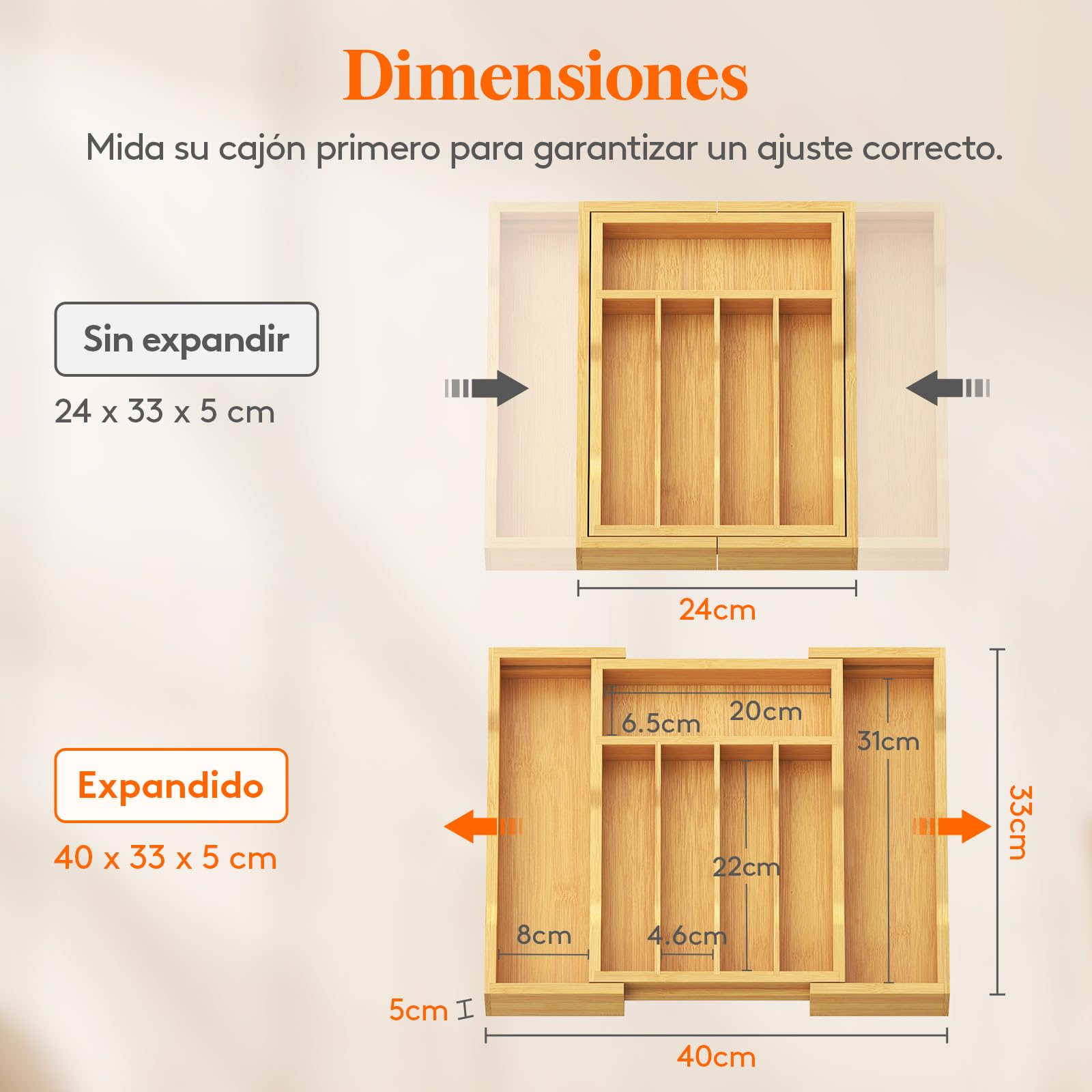 Lifewit Organizador Cubiertos de Bambú para Cajon, Extensible Bandeja Vajilla 24 a 40 cm, Profundidad de 33cm, Almacenaje Talheres para Cocina, Separador Ajustable para Utensilios/Cucharas/Herramienta