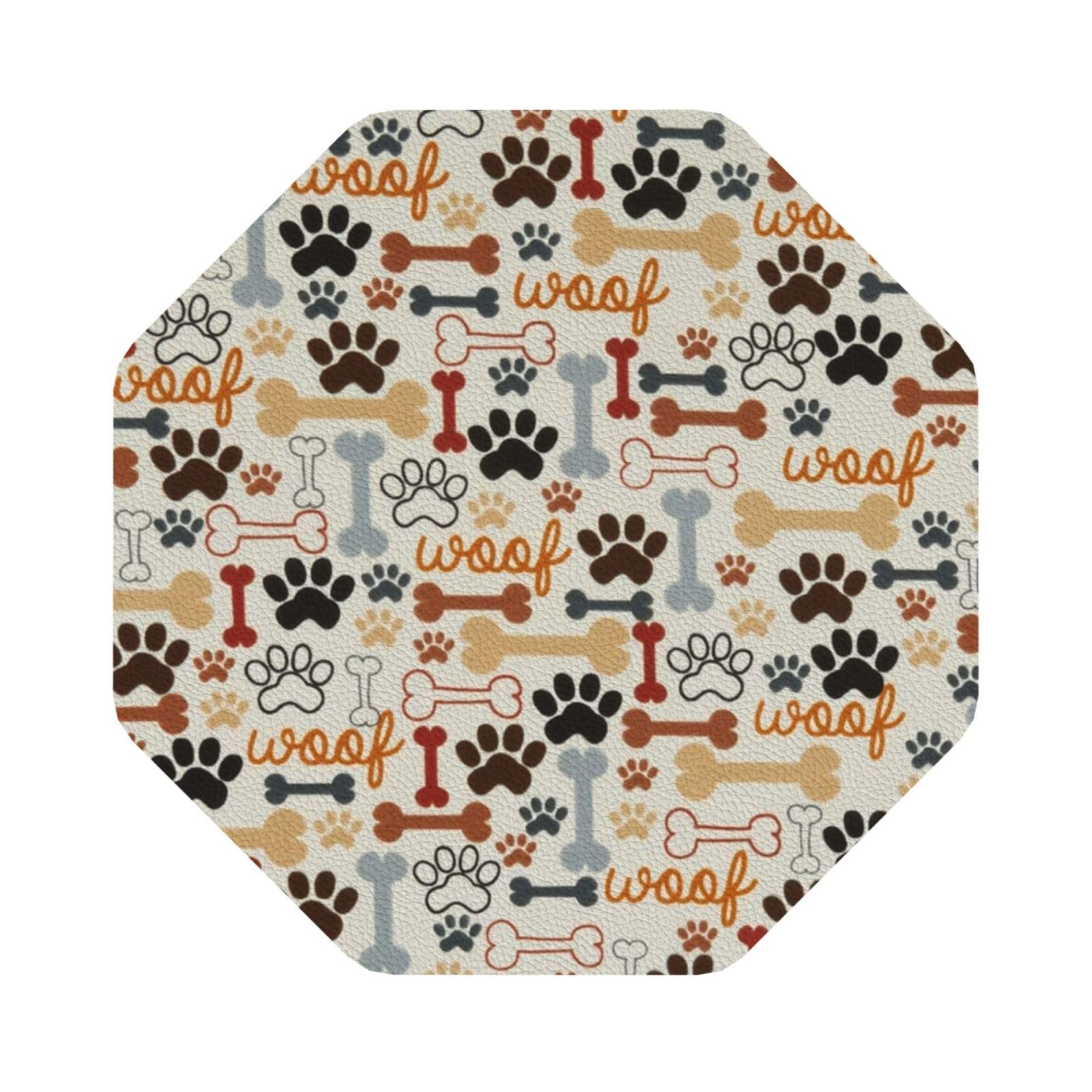 Dog Bones Paw Prints PU Leather Coasters Set of 6 Octagon Drink Coasters