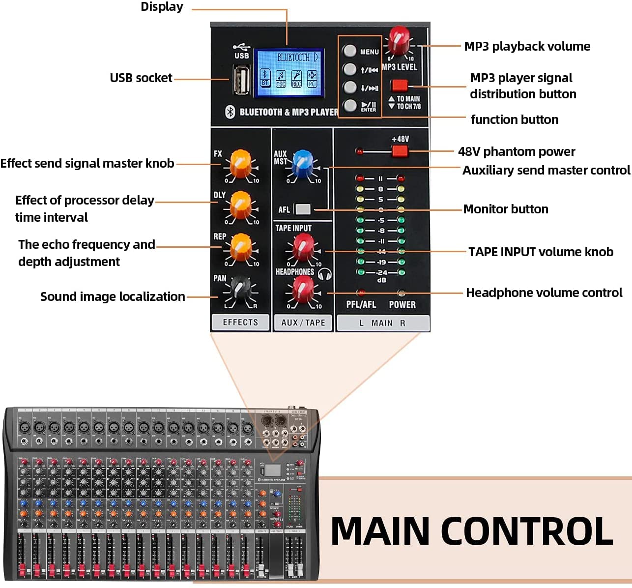 Depusheng DX16 Interface de contrôleur de son DJ avec clé USB pour enregistrement sur ordinateur Mélangeur audio de studio 16 canaux - Prise microphone XLR, alimentation 48 V, entrée/sortie RCA