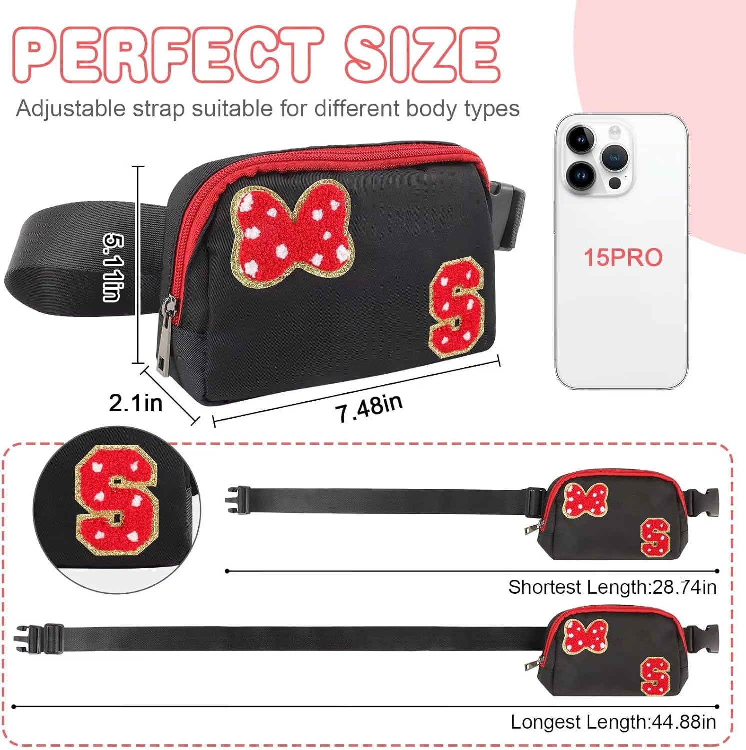 Initial Letter Bow Mouse-Ear Fanny Pack for Teen Girls,Cute Chenille Belt Bag Crossbody Travel Waist Pack for Women&Kids,Personalized Gift for Theme Park,School & Travel, Birthday Christmas(S) - Image 2