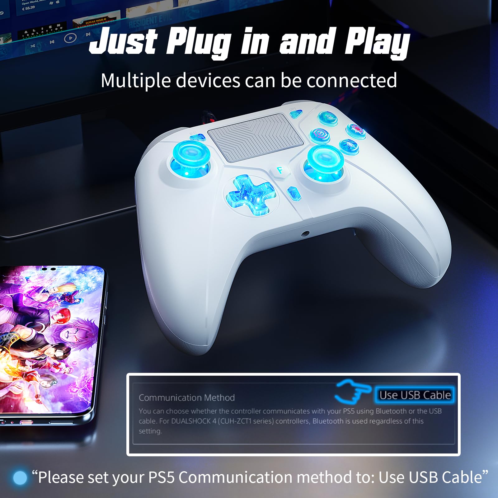 Gamrombo Controller LED cablato per PS5/PS5 Pro/PS5 Slim, compatibile con PS4/PC con jack per cuffie da 3,5 mm, doppia vibrazione, funzione macro, funzione Trubo, cavo da 3 m