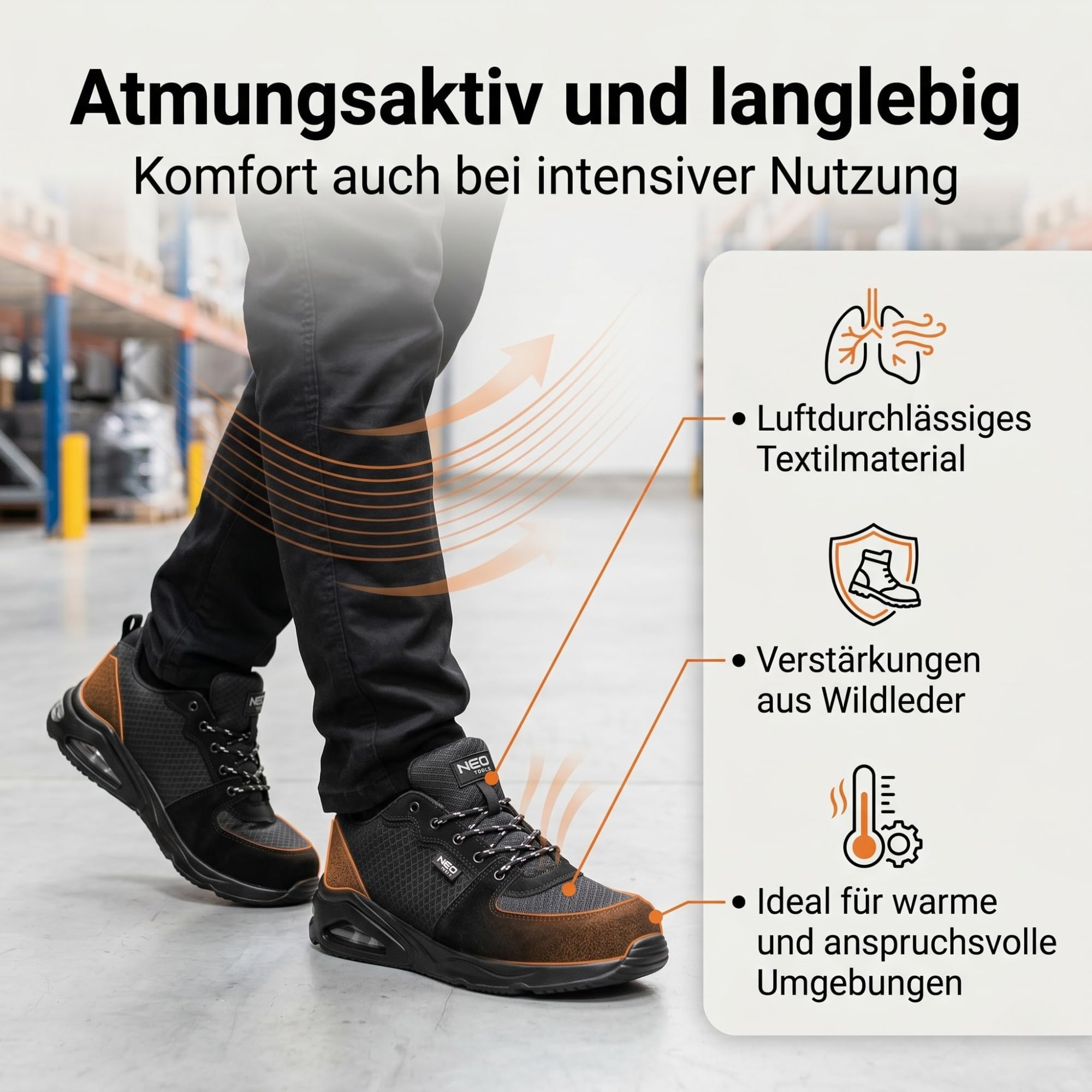 NEO TOOLS NEO Air Profi Arbeitsschuhe Sicherheitsschuhe, Atmungsaktive Halbschuhe für Handwerk & Logistik, Sportliche Leichte Berufsschuhe