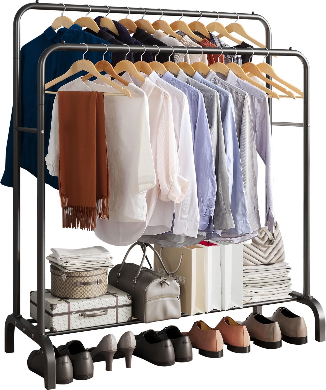 GISSAR Clothing DoubleRail Garment Rack with Shelves, Metal Hang Dry