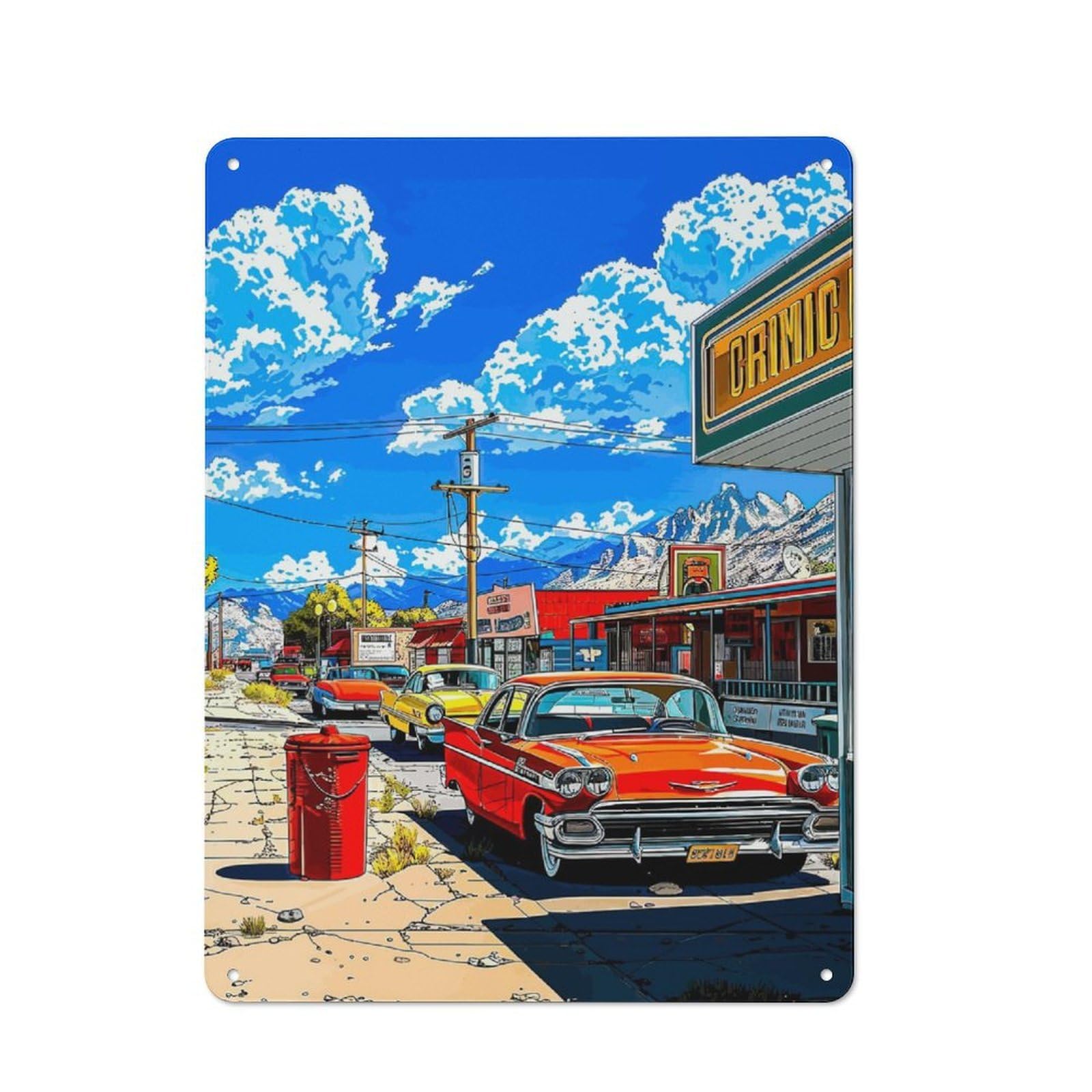 Junmoney Classic Cars On A Sunny Day Cottage Style Metal Wall Decor 40X30cm, Farmhouse Metal Sign For Kitchen, Cottage, Porch Or Garden Room