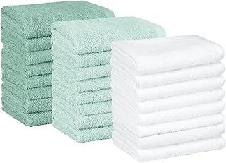 Amazon Basics Cotton Washcloths for Bathroom, Fast Drying, Extra Absorbent, 12 x 12 in, Seafoam Green, Ice Blue, White, 24-Pack