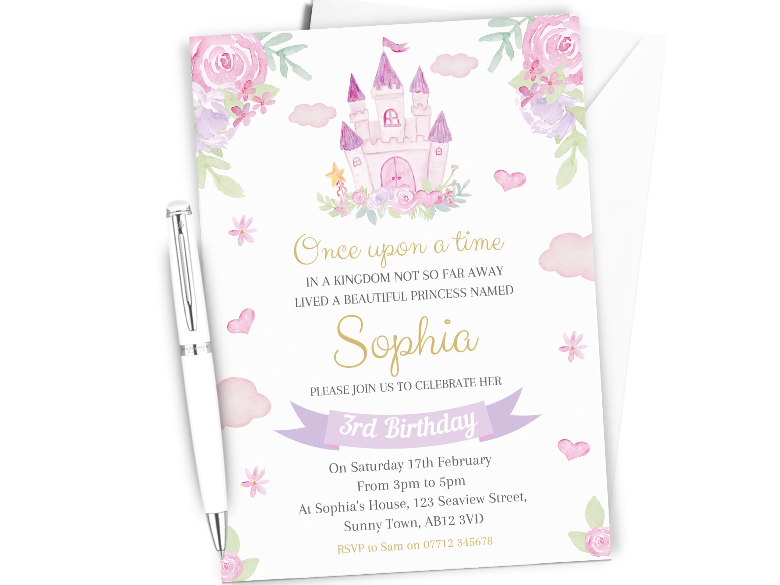 Love To Cherish Personalised Princess Castle Birthday Party Invitations with envelopes, Lilac Princess Fairy Tale Invites for Girls Birthday Party (30 Invites & Envelopes)