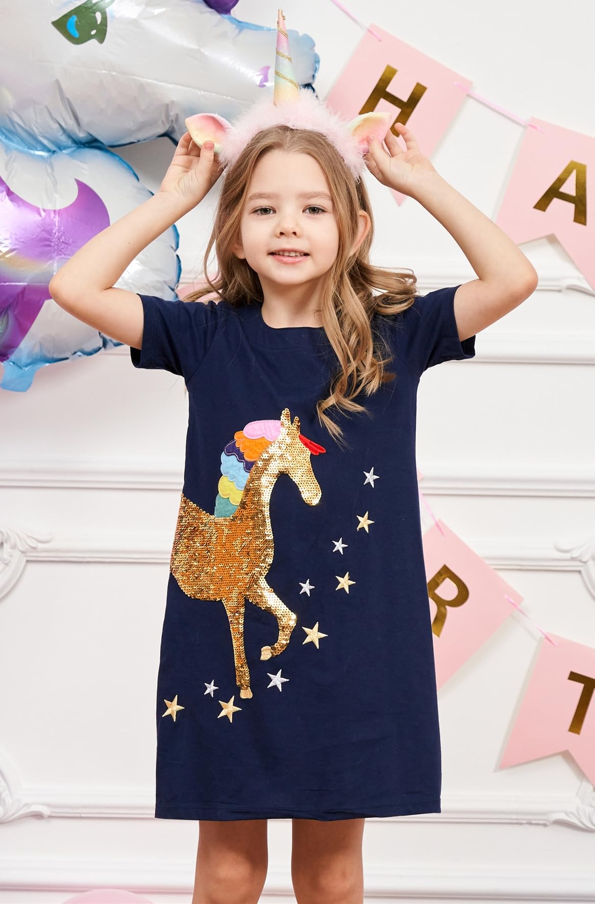 RETSUGO Vestito da bambina a trapezio carino unicorno arcobaleno modello manica corta casual bambina abiti per feste 1-8 anni