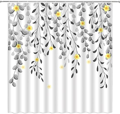 Cortina de ducha con hojas grises, hojas amarillas, flores, acuarela, naturaleza, primavera, tela, juego de decoración de baño con ganchos (70