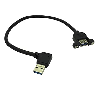 Panel- Mount USB 3.0 Extension Cable, Haokiang 1 ft/30cm 90 Degree Right Angle USB 3.0 Type A Male to Type A Female with Screw Hole Panel Mount Adapter External Cable Right Angle