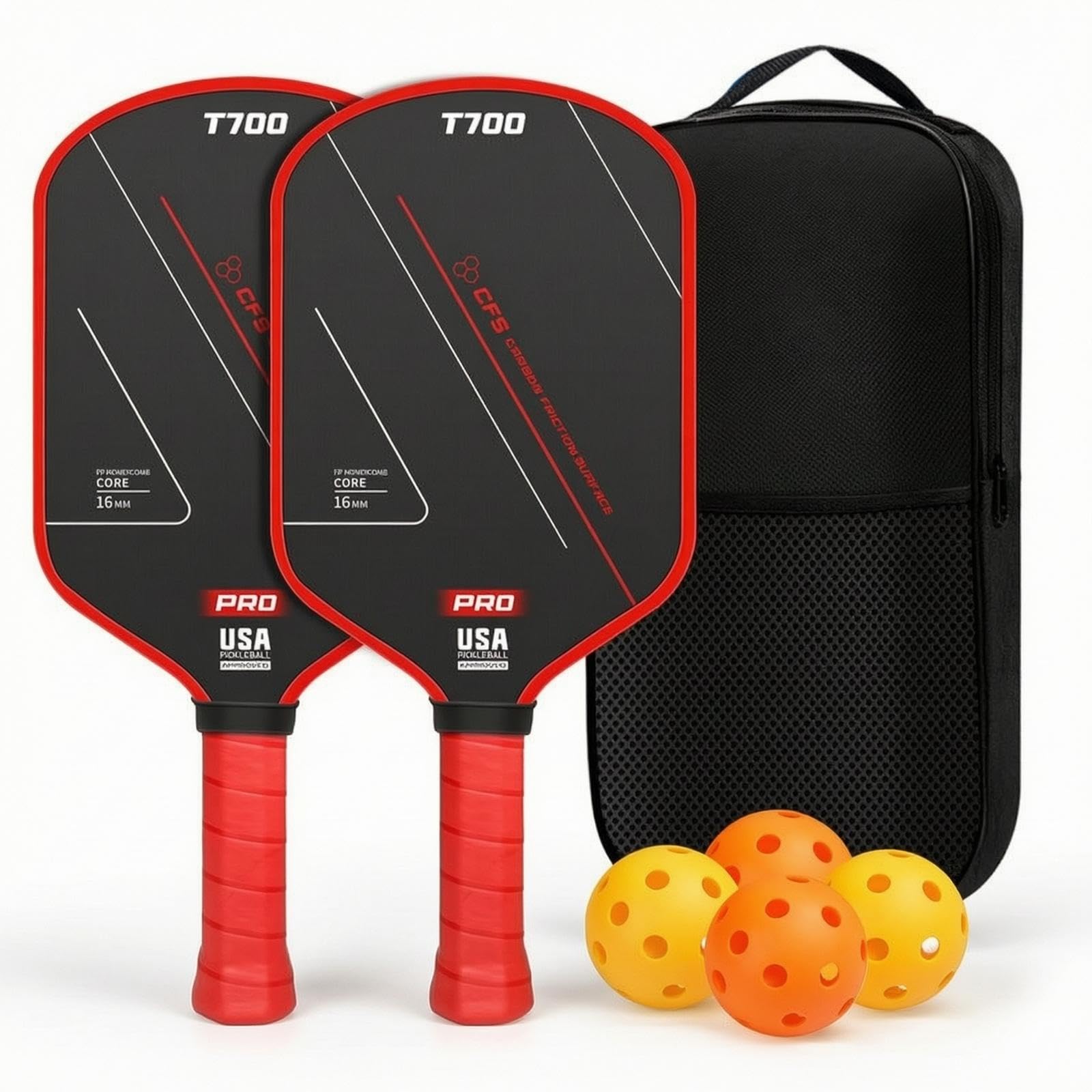 2 Pieces Paddle Racket Set with Bag and Balls Carbon Fiber Paddle Sport Set with Bag and Balls Textured for Athletes, Adults, Training Matches Red-image-37