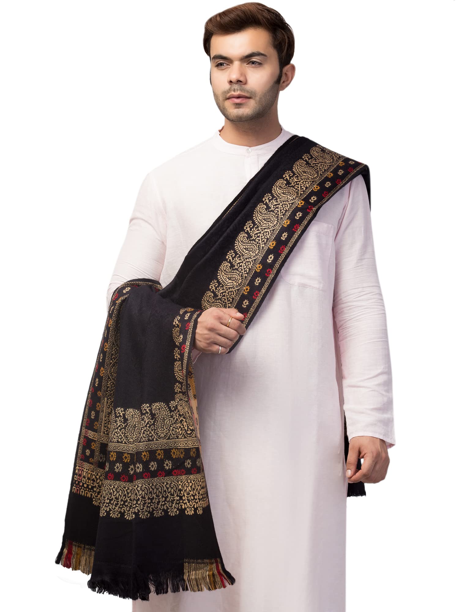 Men’s Black Jamawar Weave Shawl/Stole with Chinar Patta Design (40 x 80 inches)