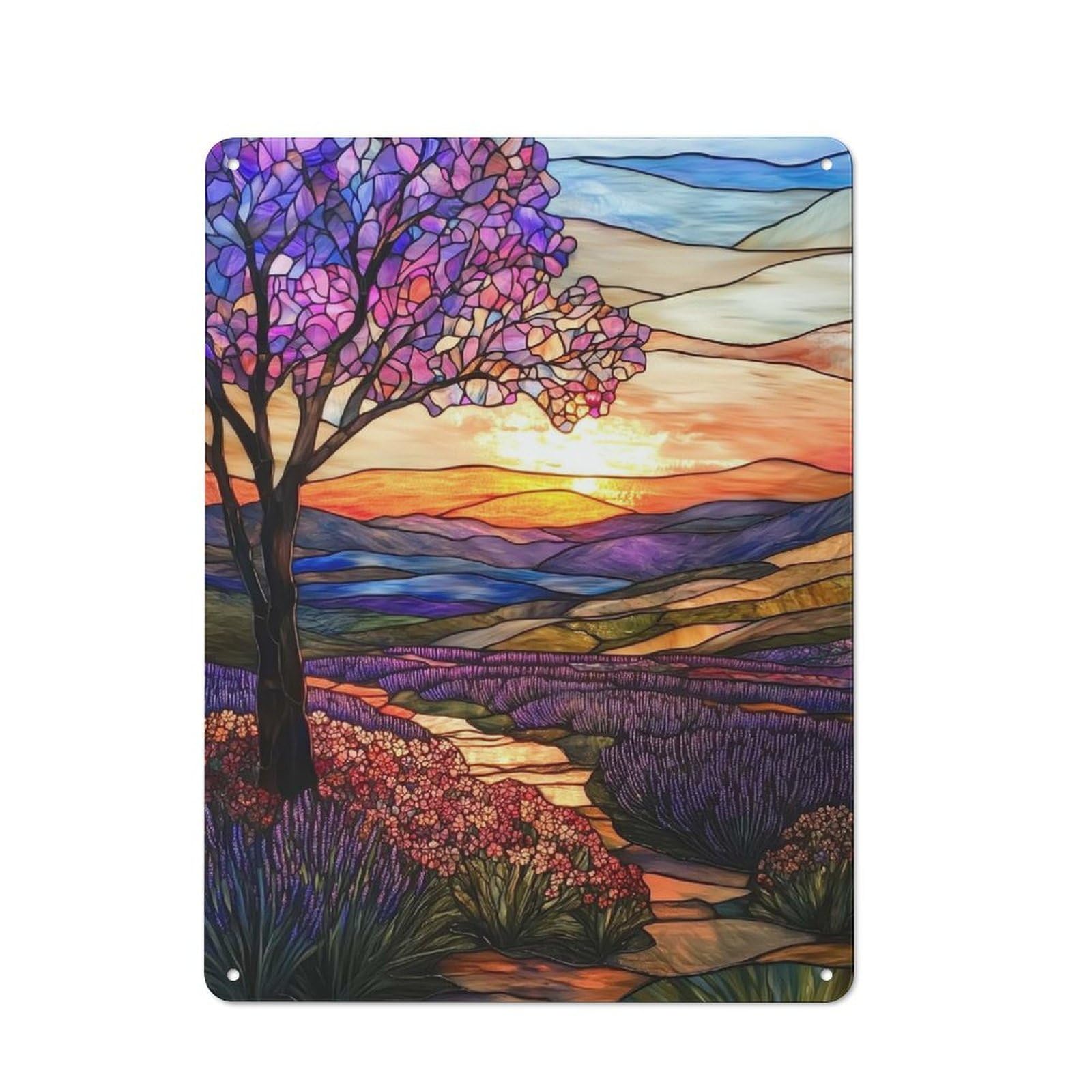 Junmoney Stained Glass Sunset Landscape Tin Wall Plaque 40X30cm With For Pub Or Café, With Clear Vintage Wall Decor Character