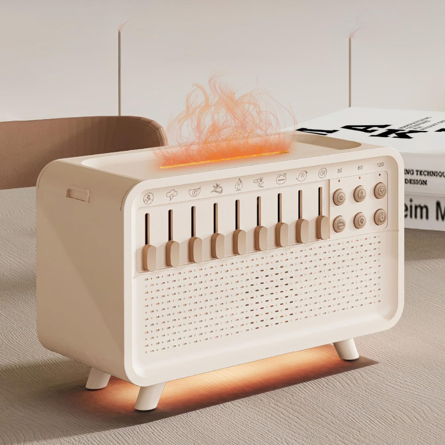 White Noise Sound Nawilżacz zapachowy - dyfuzor olejków eterycznych do domu, nawilżacz powietrza z 8 białymi efektami szumów i symulacją płomienia, głośnik, do spania, salonu, biura
