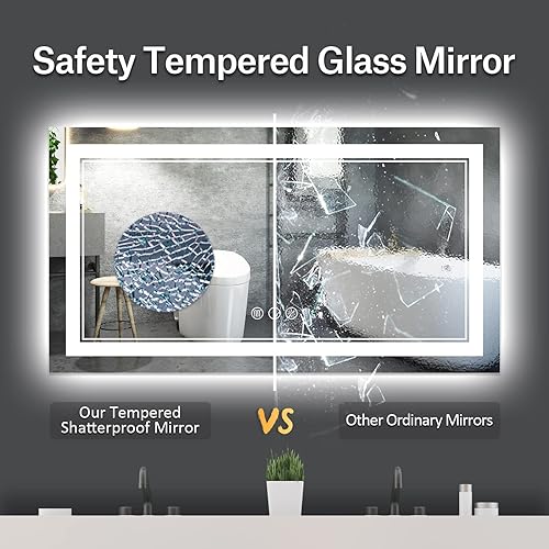 Miniatura 5 de Espejo de baño LED de 55 x 30 pulgadas, retroiluminado y luz delantera, antiempañamiento, regulable, espejo de tocador iluminado con memoria, espejo