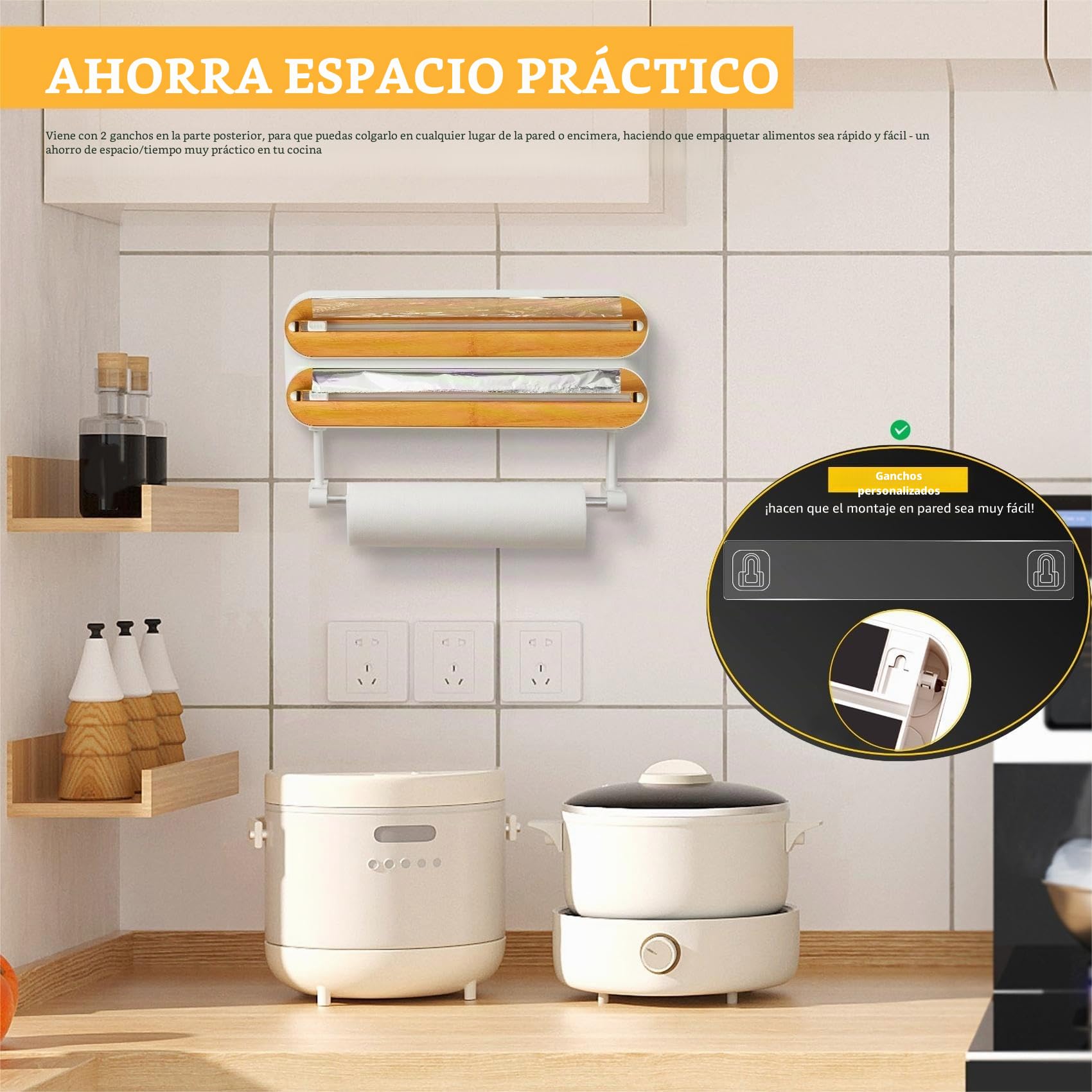 Dispensador Papel Aluminio y Film con Portarrollos Cocina - Organizador Mejorado Magnético de Papel Film Transparente con 50 Metros Film de Plástico, Soporte Papel Cocina 3 en 1, Blanco