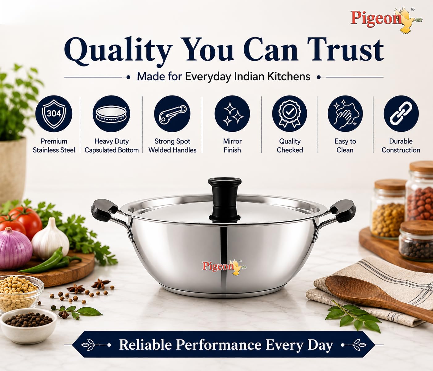 Pigeon Stainless Steel Kadai - 1.5L, Even Heating -7