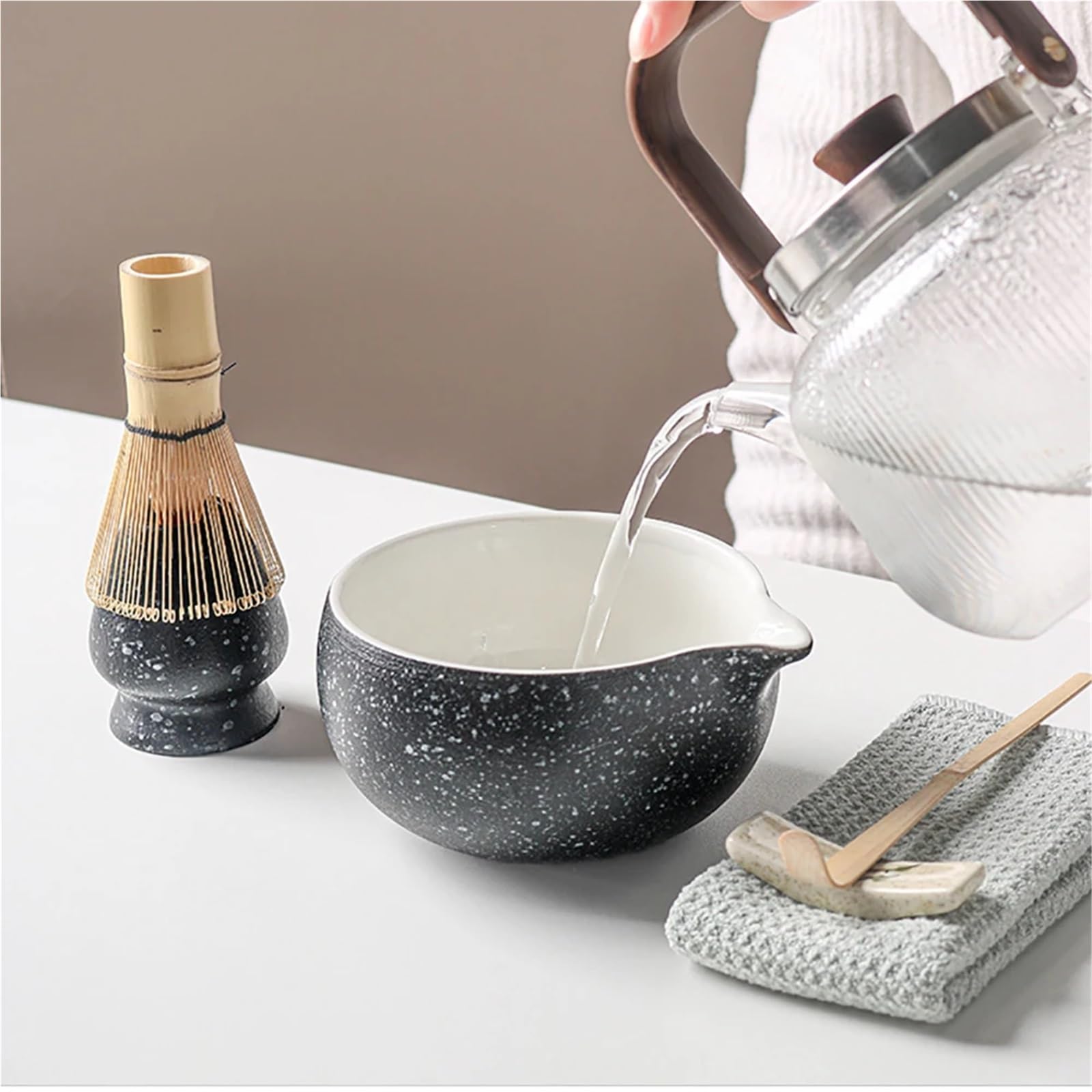 Juego de licuadora té matcha 9 o 10 piezas con cuenco cerámica, batidor, cuchara, soporte, colador y horno ceremonia Kit Te Matcha(Pink with blue 10pcs)