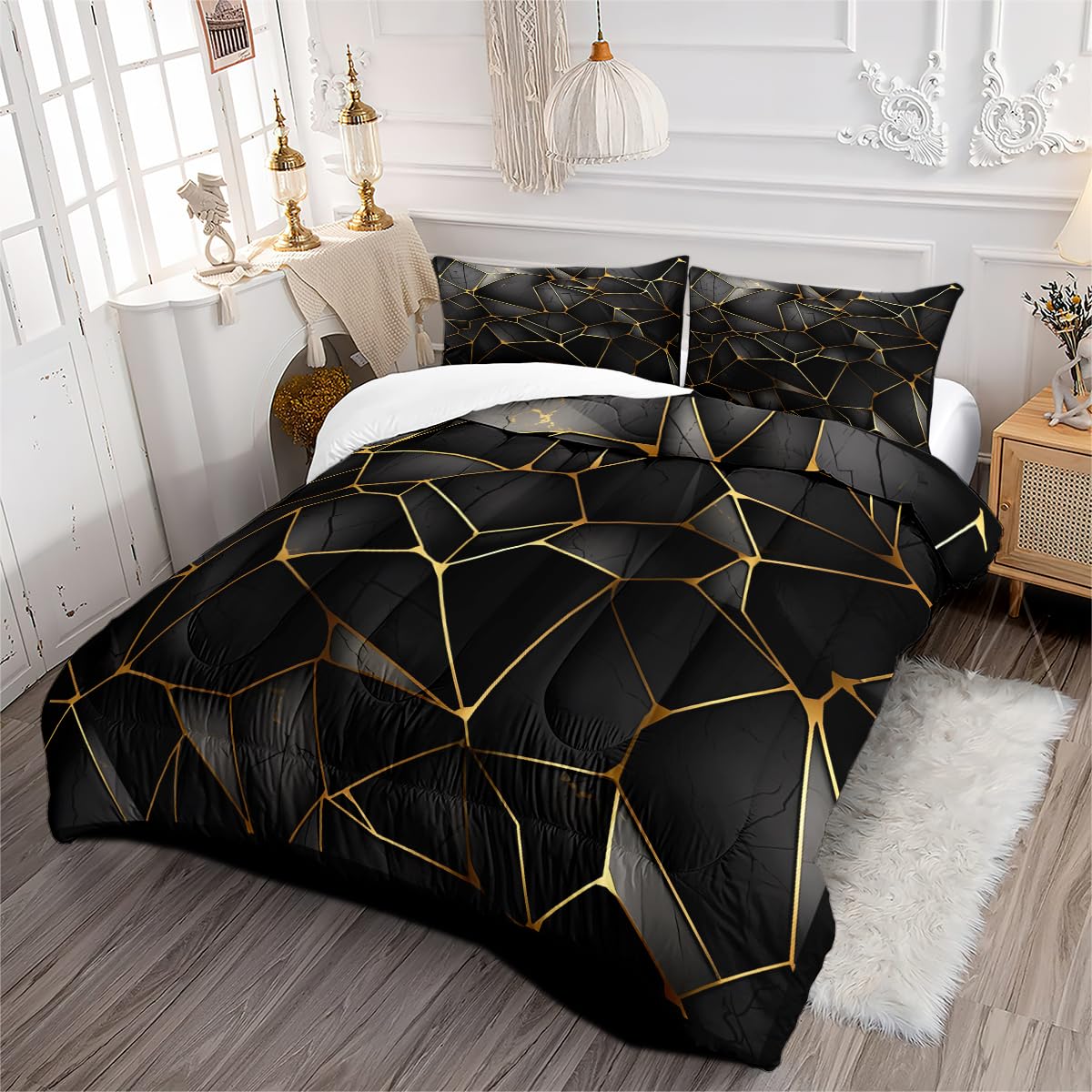 CCoutueChen Geometric Comforter Set King Size Black Marble Bedding Set Triangles Foil Metallic Print Comforter for Men Teens Boys 3Pcs Soft Summer Lightweight Bed Set