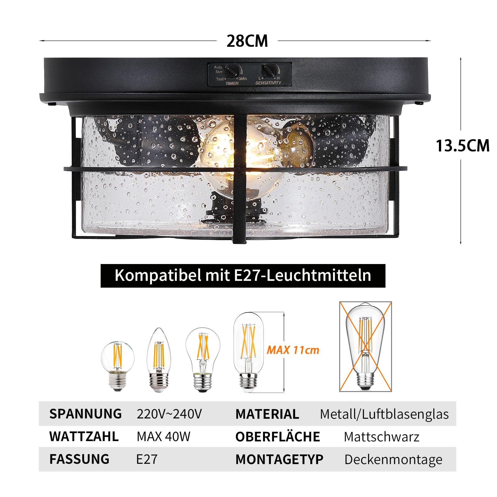 CALOKES Außen-Deckenleuchte mit Bewegungsmelder, flache Montage. Rundes schlichtes Design mit klarem Blasenglas, ideal für Veranda, Garage und Eingangsbereich, mit Dämmerungs-bis-Morgengrauen-Funktion