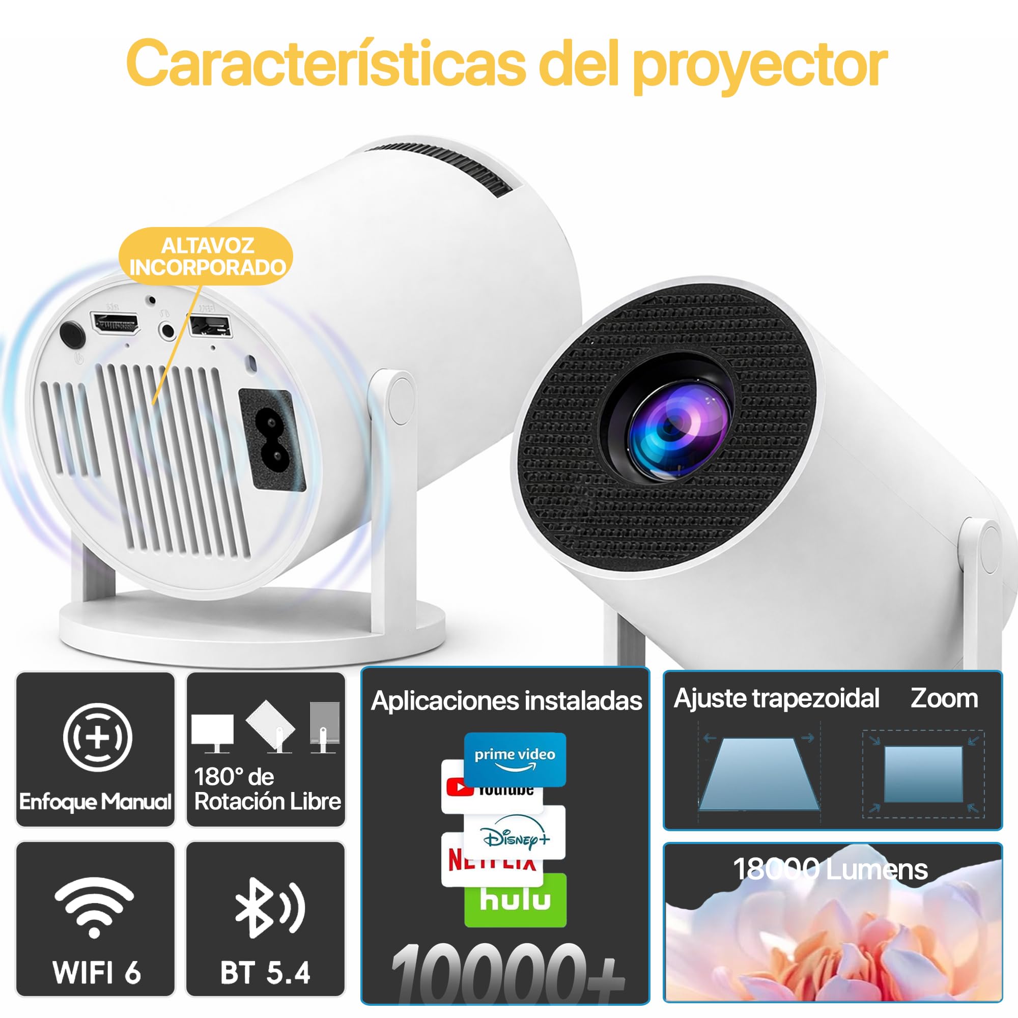 Proyector Portátil 4k WiFi, Bluetooth [Apps Integradas] Sistema Android 2026 Upgraded Mini Proyector de vídeo con Altavoz Integrado, Rotación 180° proyector Cine FullHD Compatible HDMI/portátil/móvil.