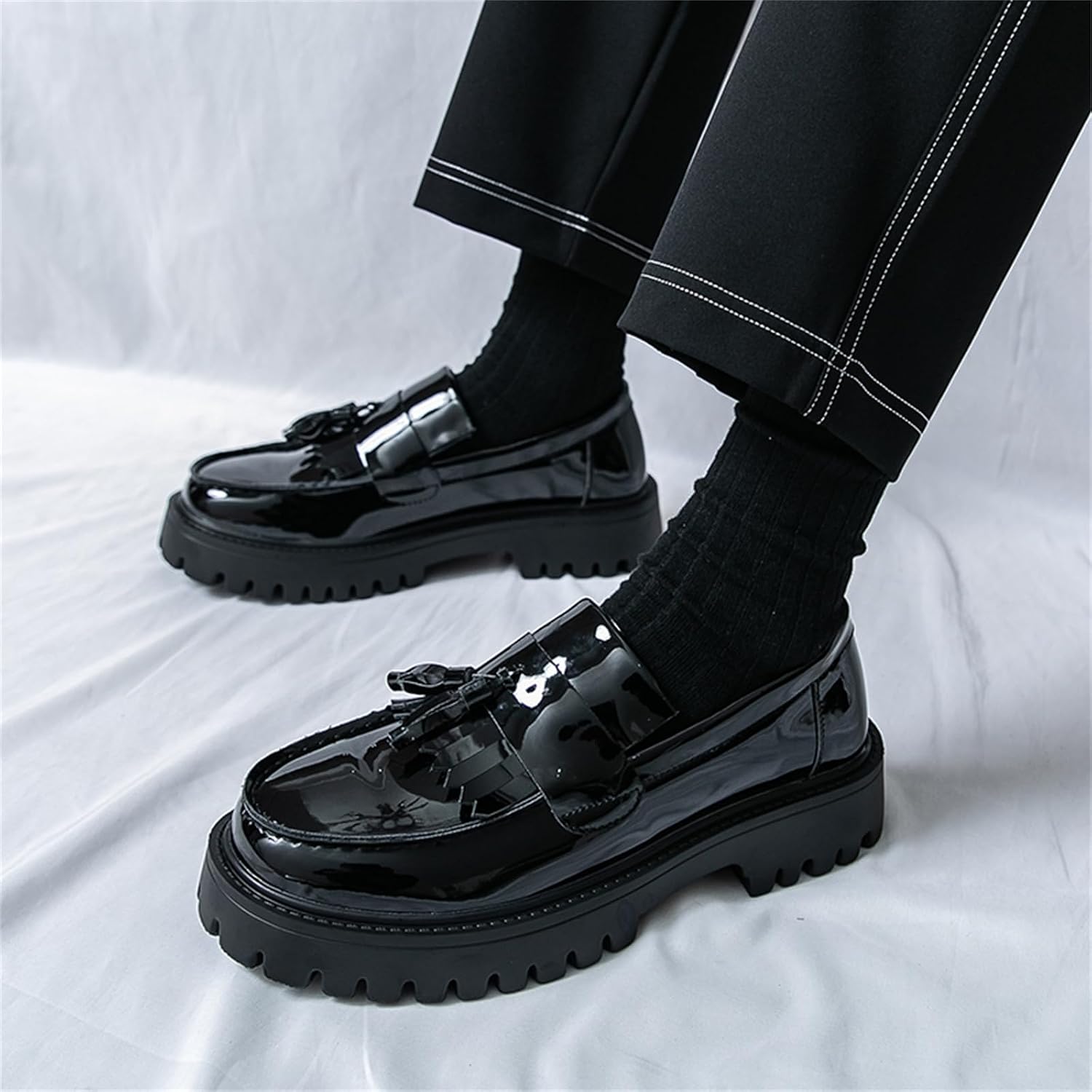 Mens Patent Leather Slip-On Tassel Dress Platform Loafers Casual Lightweight Penny Formal Business Party Wedding Prom Round Toe Moccasins Shoes