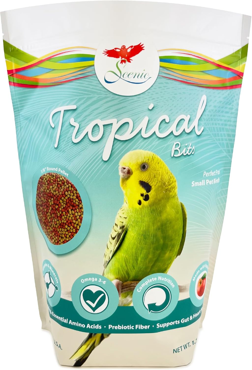 Scenic Tropical Bits Small Pet Bird Food - 3.5 lb (2 x 1.75 lb Bags) - 1/8" Bird Pellets - Complete Nutrition for Cockatiels, Budgies, Lovebirds, Conures & Lories