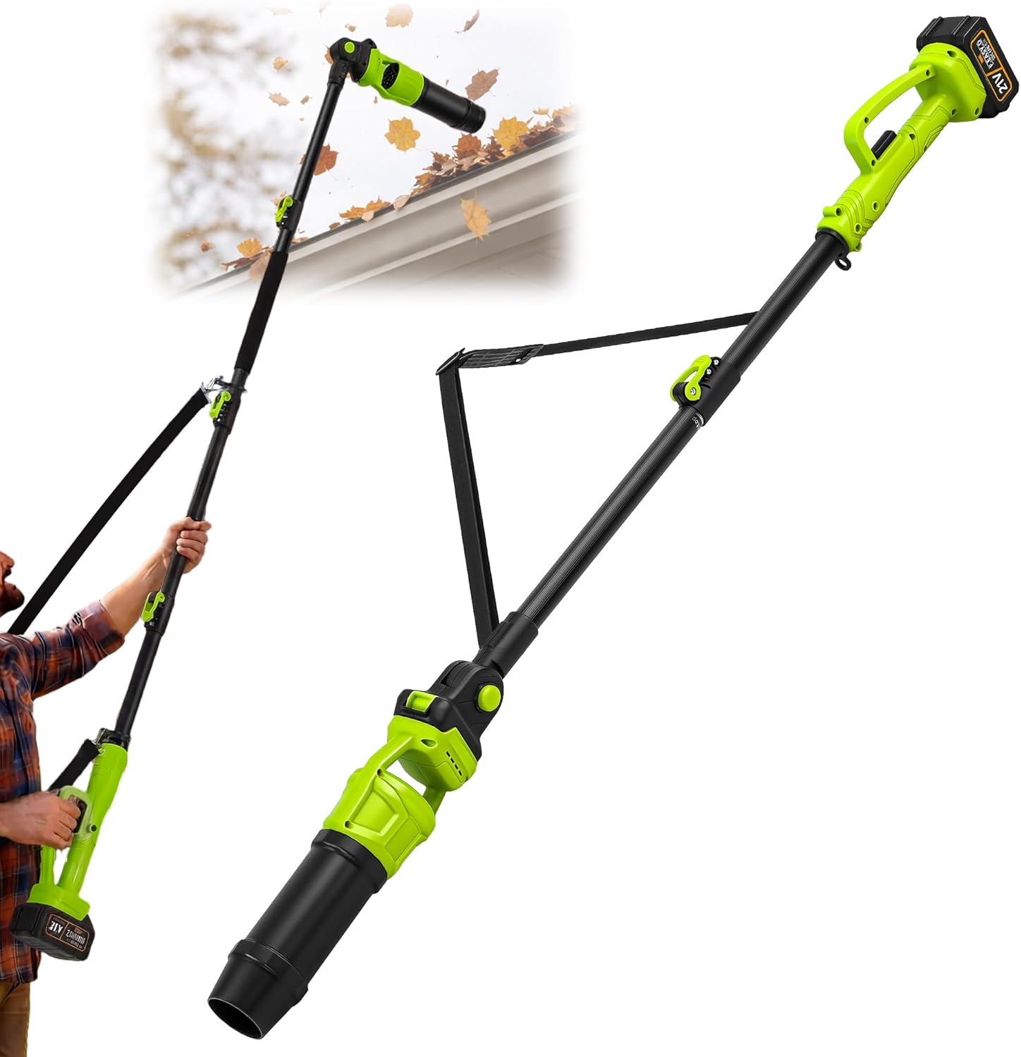 Roof Gutter Cleaning from The Ground, Leaf Blowers Cordless with 2 Batteries,520CFM/150MPH Gutters Cleaning Tool with Adjustable Pole 93in, 21V Gutter Cleaner with Charger & Adjustable Shoulder Strap