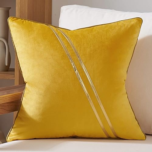 Avigers Funda de cojín de terciopelo de 18 x 18 pulgadas con líneas de rayas de cuero amarillo dorado y moderno, funda de almohada decorativa para