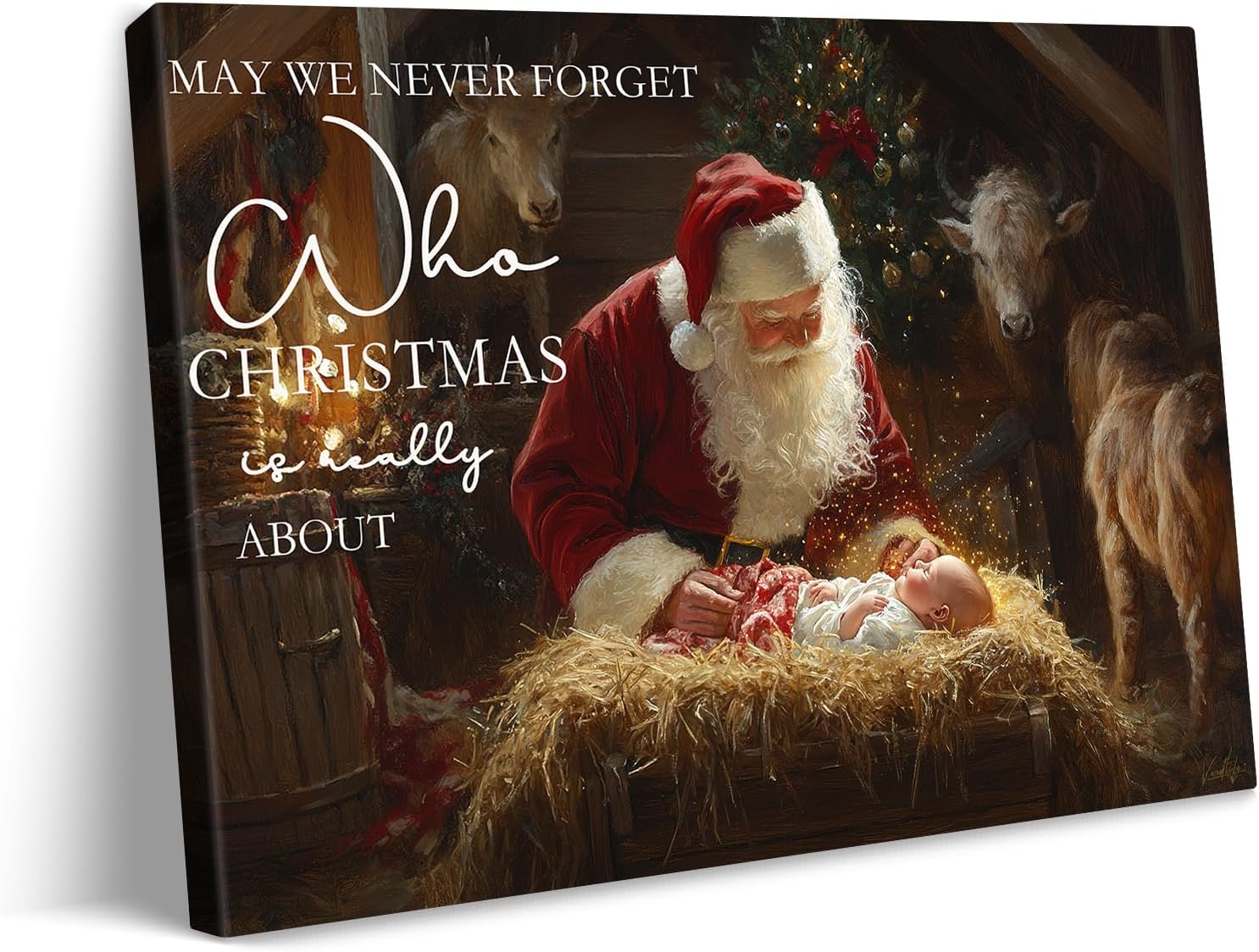vandlife Vintage Christmas Canvas Wall Art Santa Claus and Baby Jesus in Stables Painting Prints We Never Forget Who Christmas is Really About Christian Artwork for Living Room Decor Framed 24x16in Santa12 24"L x 16"W