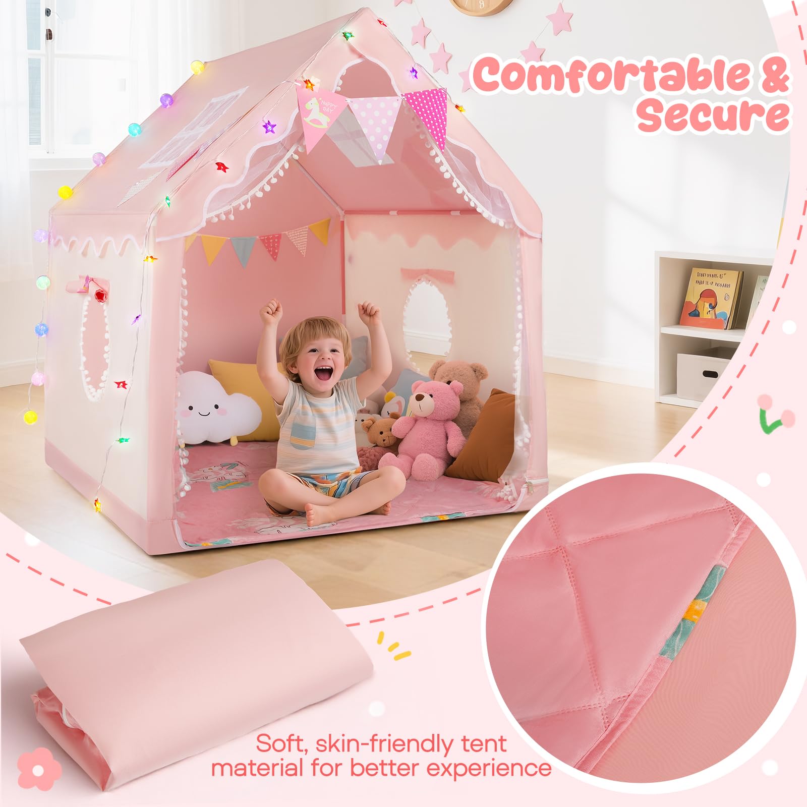 130CM Tienda Campaña Infantil Casita Infantil Exterior Tienda de Juego para Niños con Toldo Tienda de Juegos Interior y Luces Rincón Acogedor para Niños Playhouse Infantil Casa de Juegos