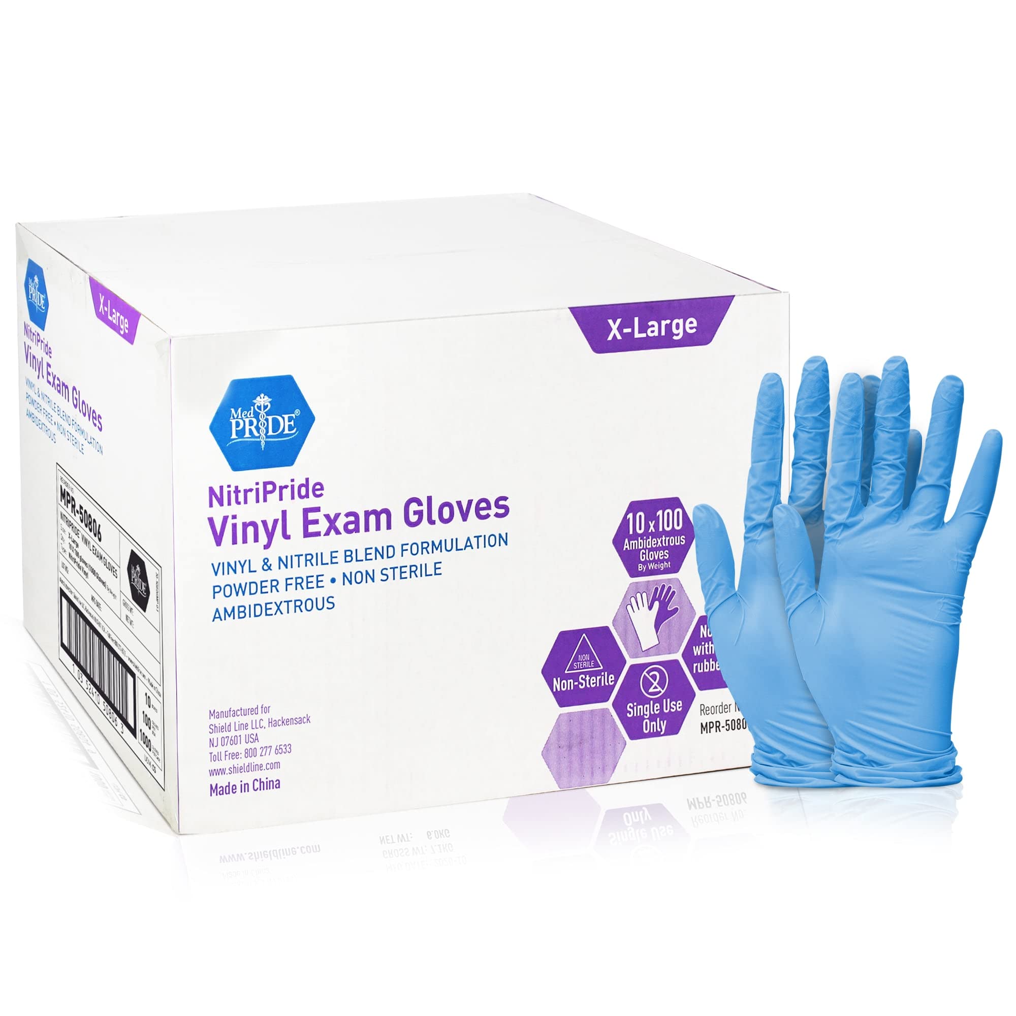 Med PRIDE NitriPride Nitrile-Vinyl Blend Exam Gloves, X-Large 1000 - Powder Free, Latex Free & Rubber Free - Single Use Non-Sterile Protective Gloves for Medical Use, Cooking, Cleaning & More