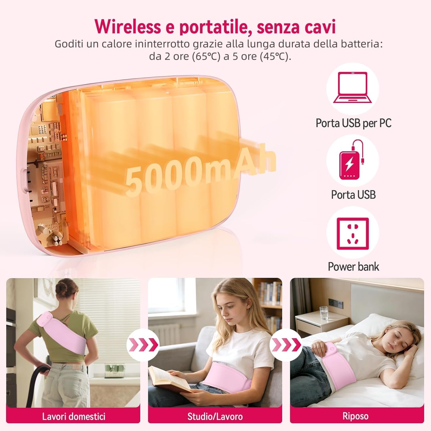 Cuscinetto riscaldante per alleviare i dolori mestruali, cuscinetto riscaldante portatile ricaricabile da 5000 mAh per crampi mestruali, ampia area di riscaldamento morbida da 400 cm²