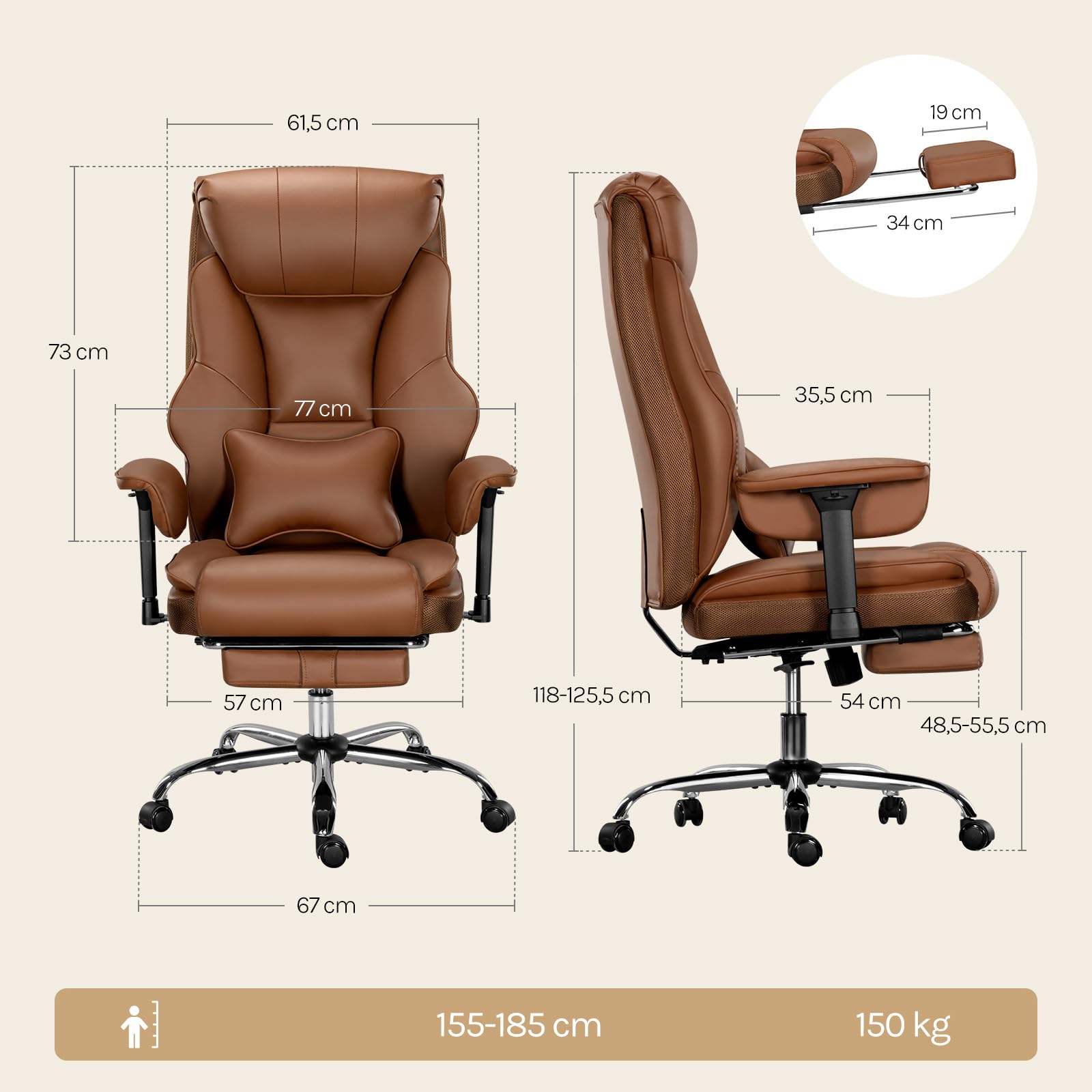 WOLTU Bürostuhl Ergonomisch,Chefsessel Doppellagige Rückenlehne, PU Braun | 3-stufige Rückenlehnenverstellung, mit Lendenwirbelstütze, Fußstütze, für Büro, Besprechungsraum