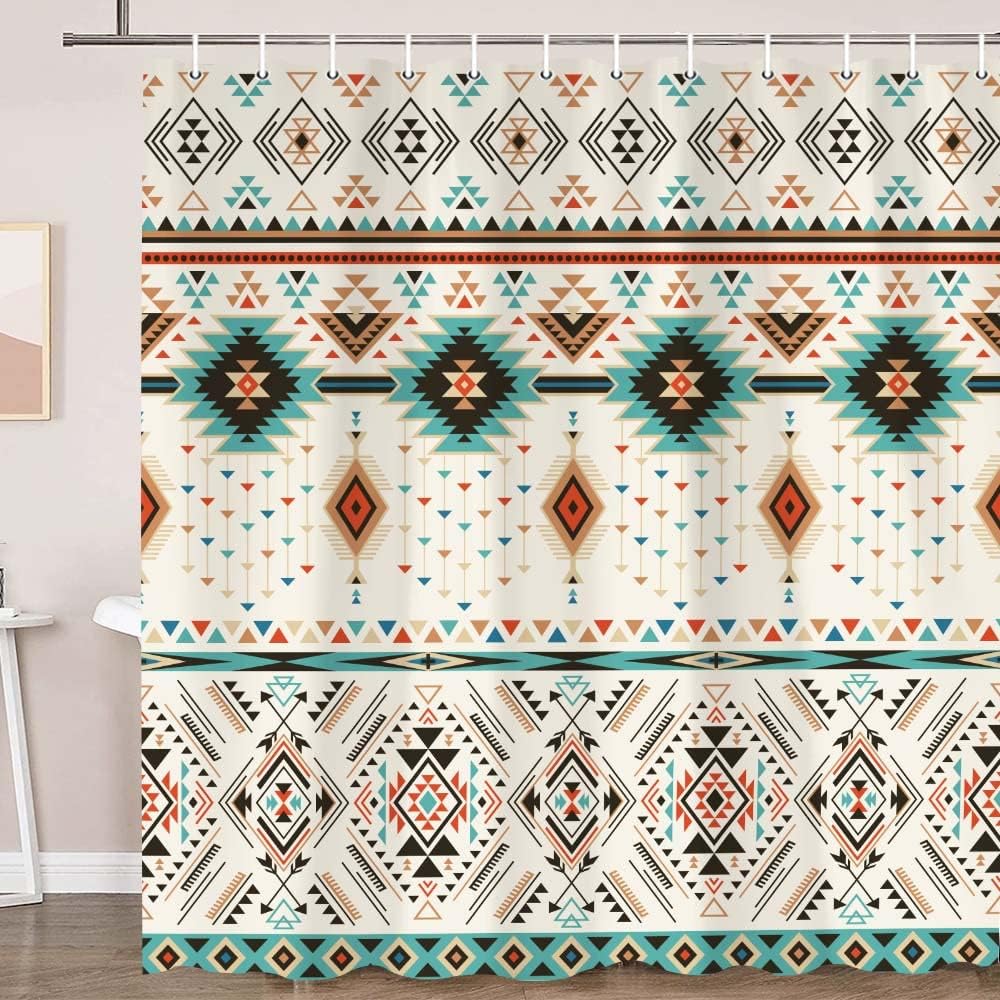 Aztec Shower Curtain for Bathroom,Southwestern Native Tribal Navajo American Ethnic Abstract Triangular Geometric Vintage Bath Curtains,Boho Fabric Bathroom Decor Set with Hooks,72x84 Beige