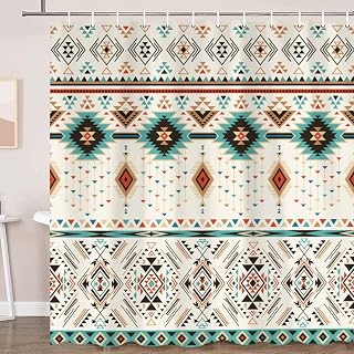 Aztec Shower Curtain for Bathroom, Southwestern Native Tribal Navajo American Ethnic Abstract Triangular Geometric Vintage Bath Curtains, Boho Fabric Bathroom Decor Set with Hooks, 47x72 Beige
