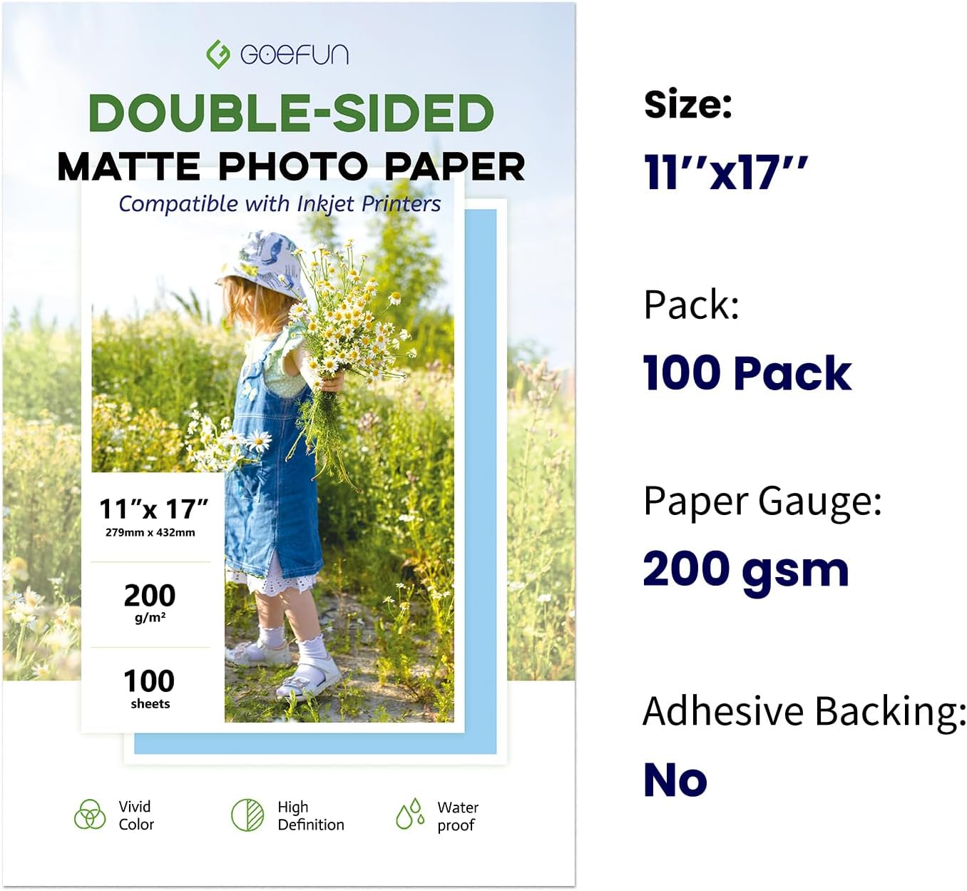 11x17 Double Sided Photo Paper Matte, Goefun 200GSM/54LB Presentation Paper for Inkjet Printer, 100 Sheets