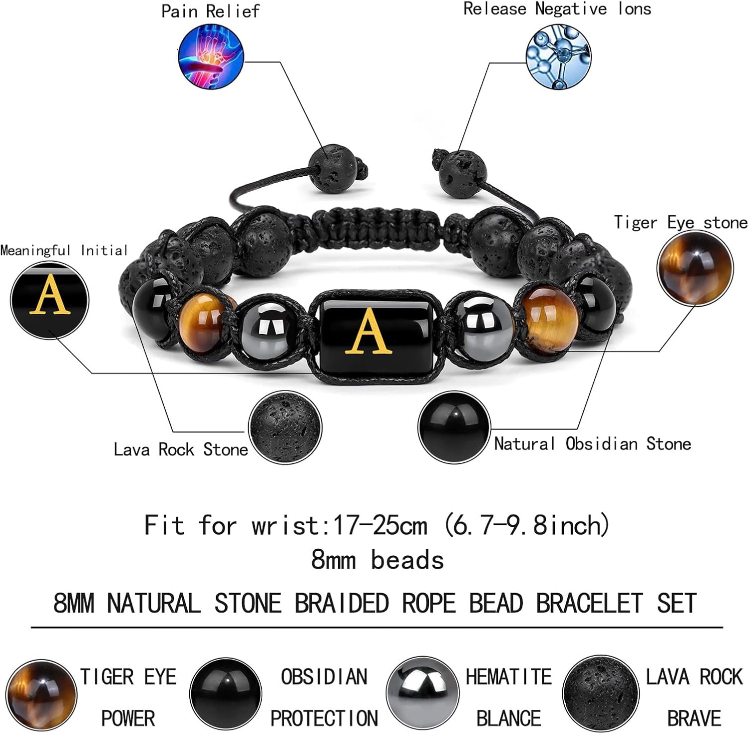 Initial Beaded Bracelets for Men,8mm Tiger Eye Obsidian Hematite Triple Protection Bracelet,Handmade Mens Letter Lava Rock Stone Bracelet Stress Relief Yoga Beads Bracelets Adjustable Anti Anxiety Bracelets for Men Women Jewelry Gifts - Image 2
