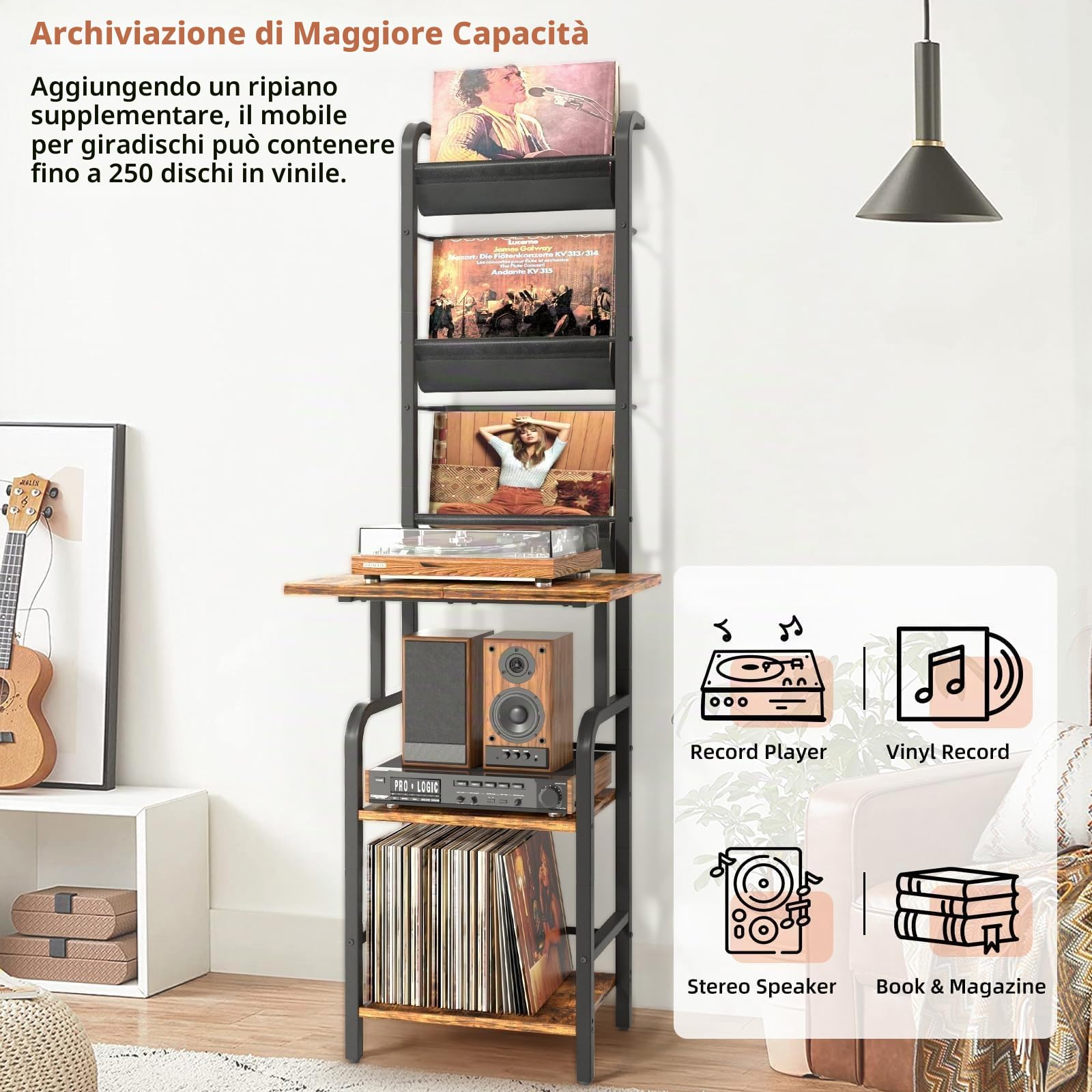 Bikoney Mobile Giradischi Alto con Supporto per Vinili – Tavolino per Giradischi con Ripiano Espositivo e Fissaggio a Muro, Porta Vinili per Fino a 200 Dischi per Soggiorno o Camera da Letto