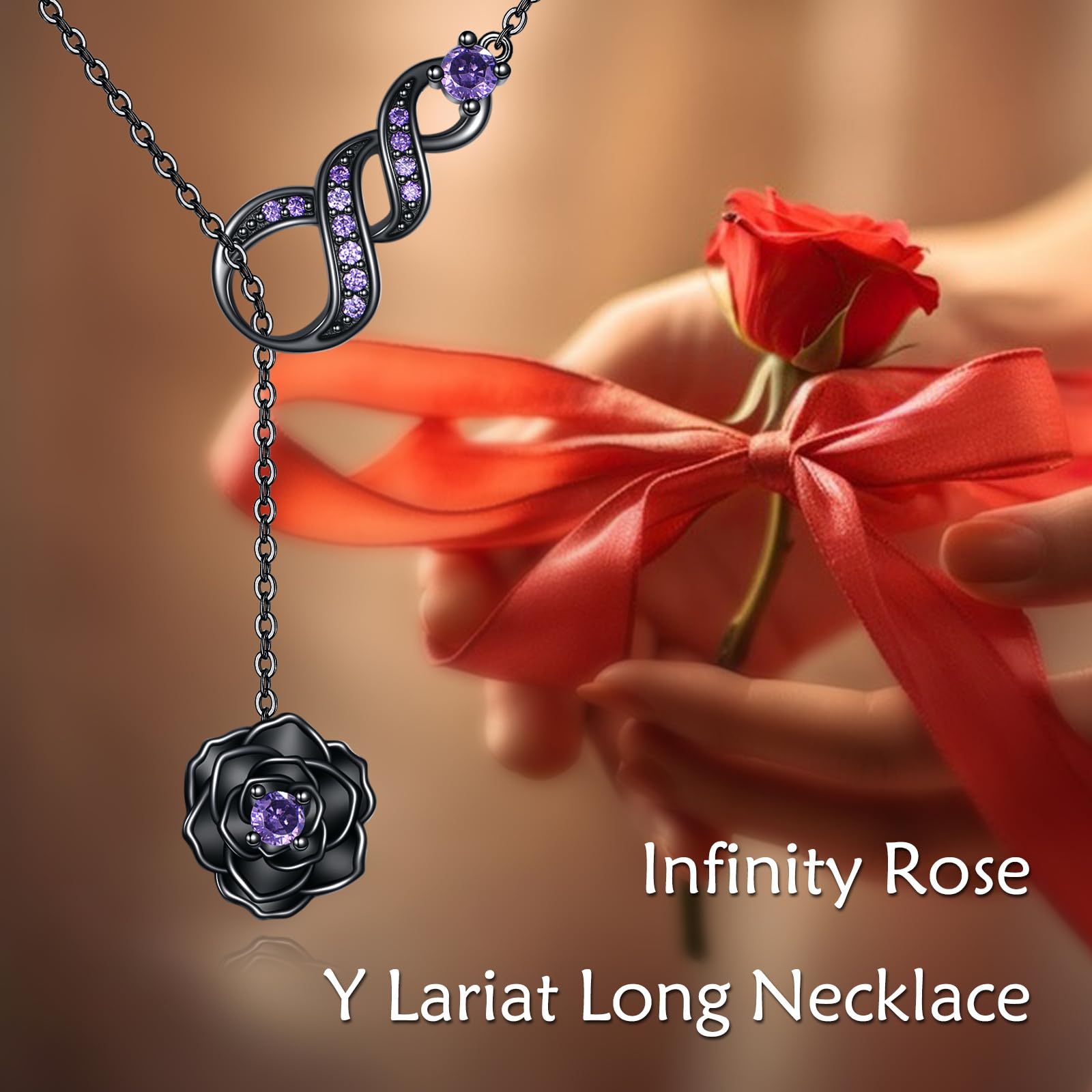 URONE Rosenkette aus Sterlingsilber Rose Unendlichkeits-Larait-Stab Y-Lariat Lange Kette Anhänger Blume Jahrestag Schmuck Geschenke für Damen