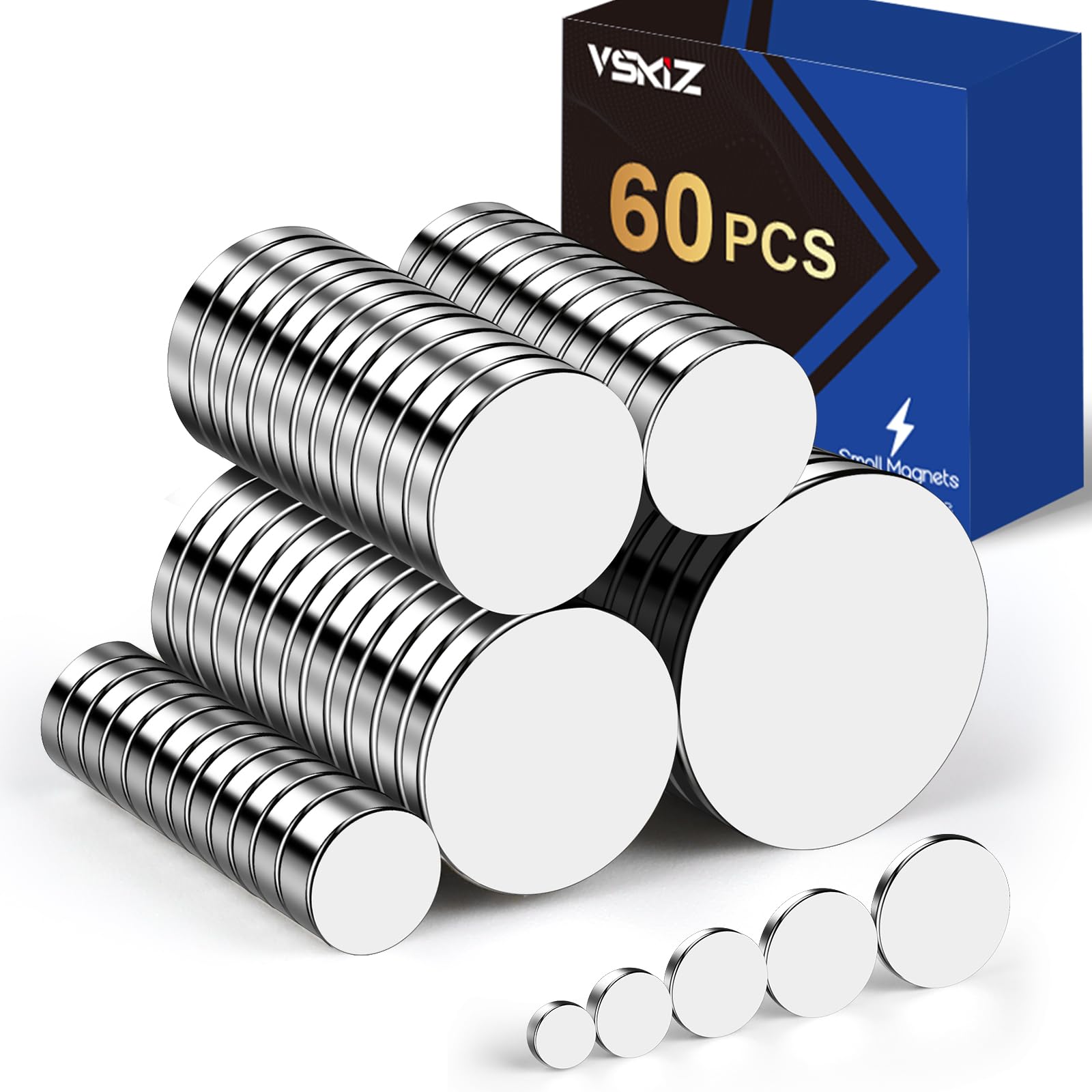 VSKIZ 60Pcs Small Magnets, 5 Different Size Tiny Rare Earth Magnet Strong Circle Magnets for Refrigerator, Mini Office Magnet for Dry Erase Board,