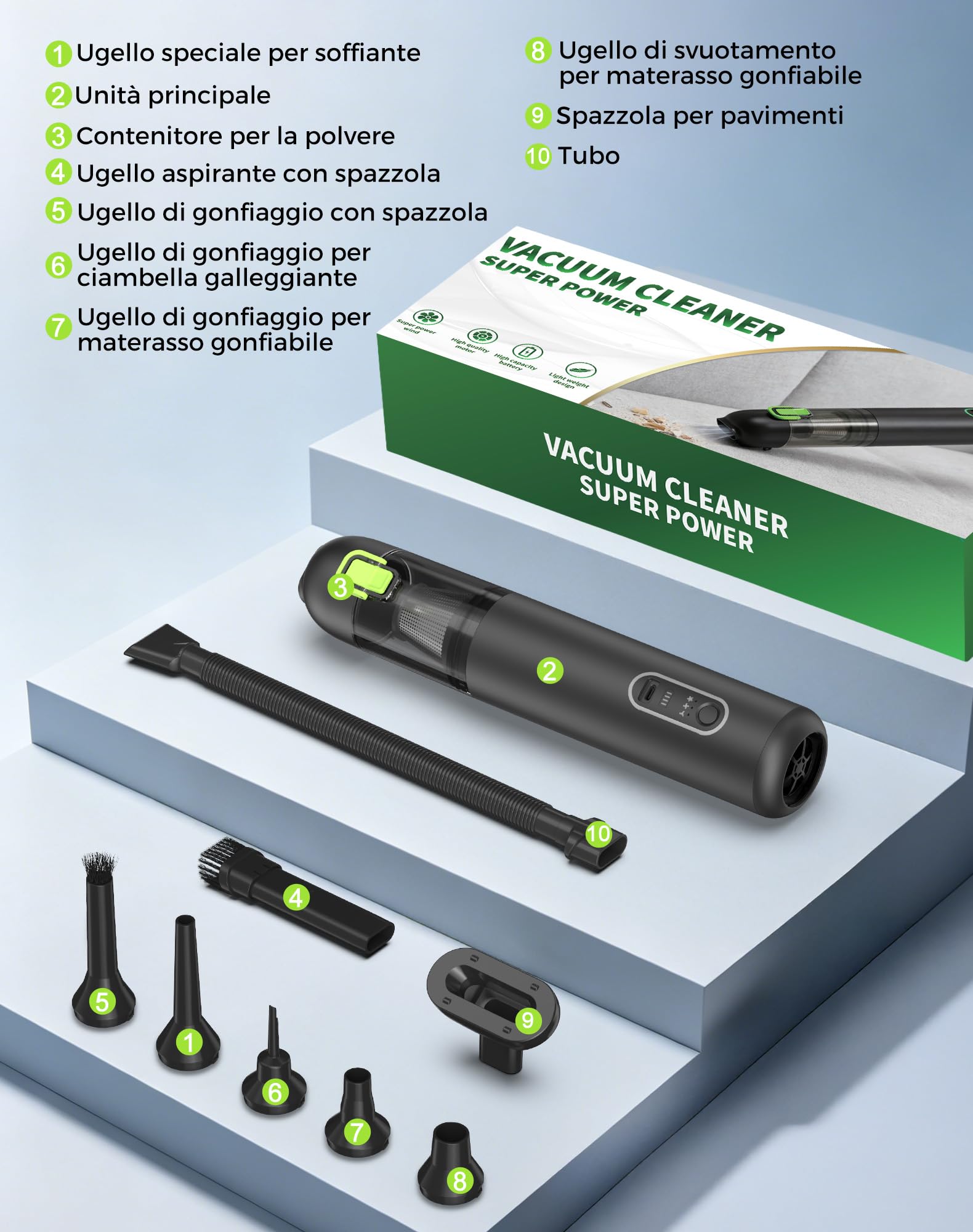 Aspirapolvere Auto, 20000 Pa Aspirabriciole senza Fili, 3 velocità regolabili, Ricca rapida Type-C Aspirapolvere Portatile, 4 in 1 Aspirazione/Soffiaggio/Gonfiaggio/Pompaggio Verde