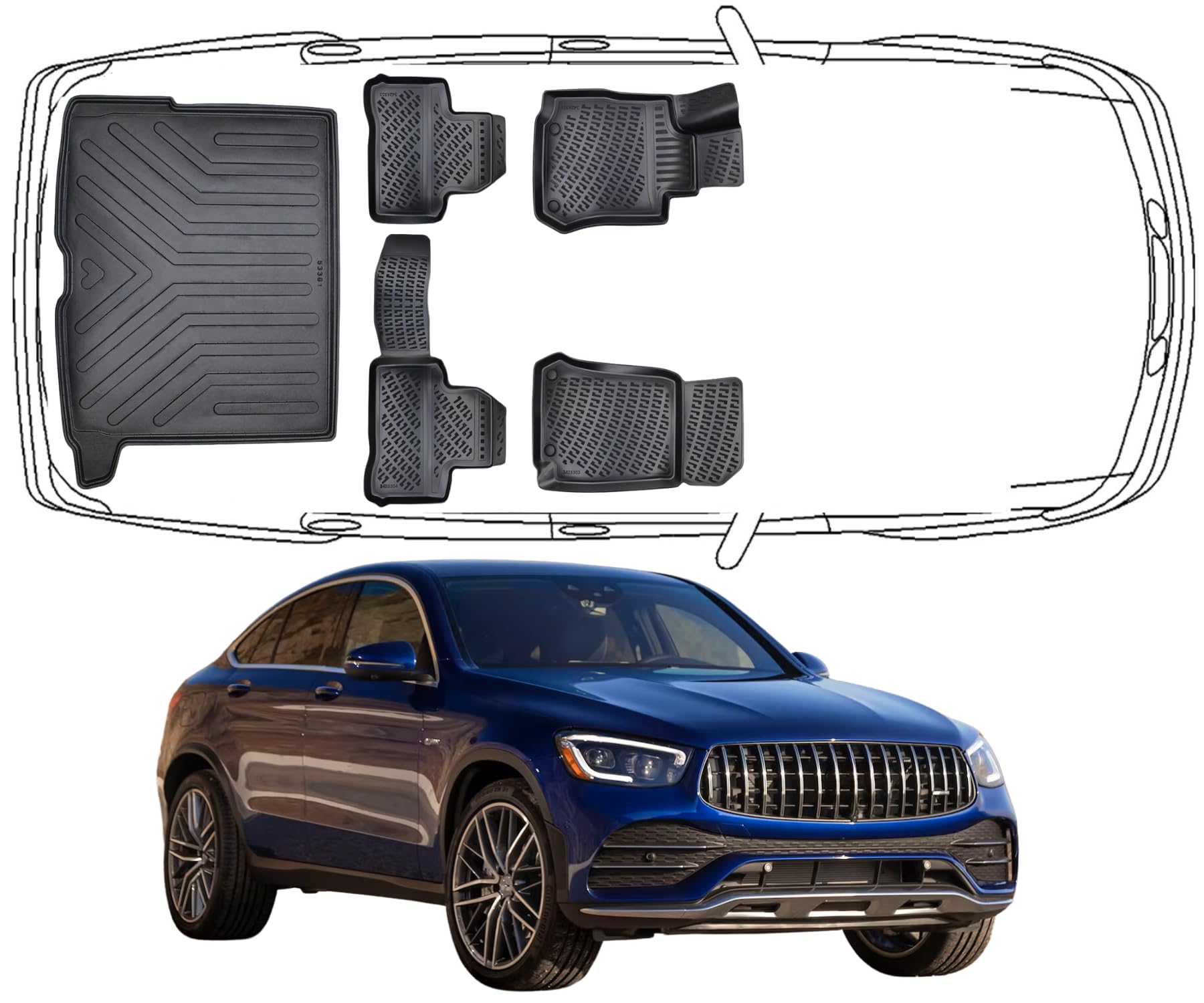 Trimak Fussmatten & Kofferraumwanne für Mercedes GLC Coupe C253 2016-2022 | 3D Gummimatten & Kofferraummatte aus TPE Gummi, Passgenau, Wasserdicht, Hoher Rand, Rutschfest, Leicht zu Reinigen