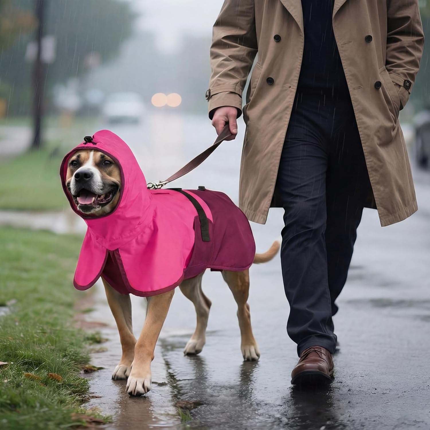 BRKURLEG Dog Raincoat Adjustable Dog Rain Jacket with Hood Dogs Waterproof Rainproof Jacket with Leash Hole Pet Poncho Rain Coat Poncho with Reflective Strip, Rose Red, XL