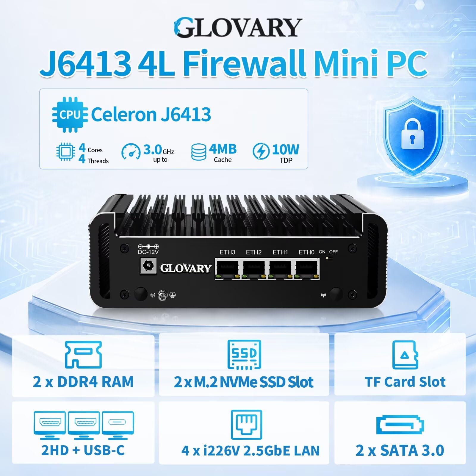 Mini PC Fanless J6413, 4 x i226V 2.5GbE LAN OPNsense Firewall Appliance, 8GB DDR4 128GB NVMe SSD, AES-NI, Micro Router Hardware, 2 x NVMe Slot, 2 x SATA3.0, 2HD + USB-C 3 Display