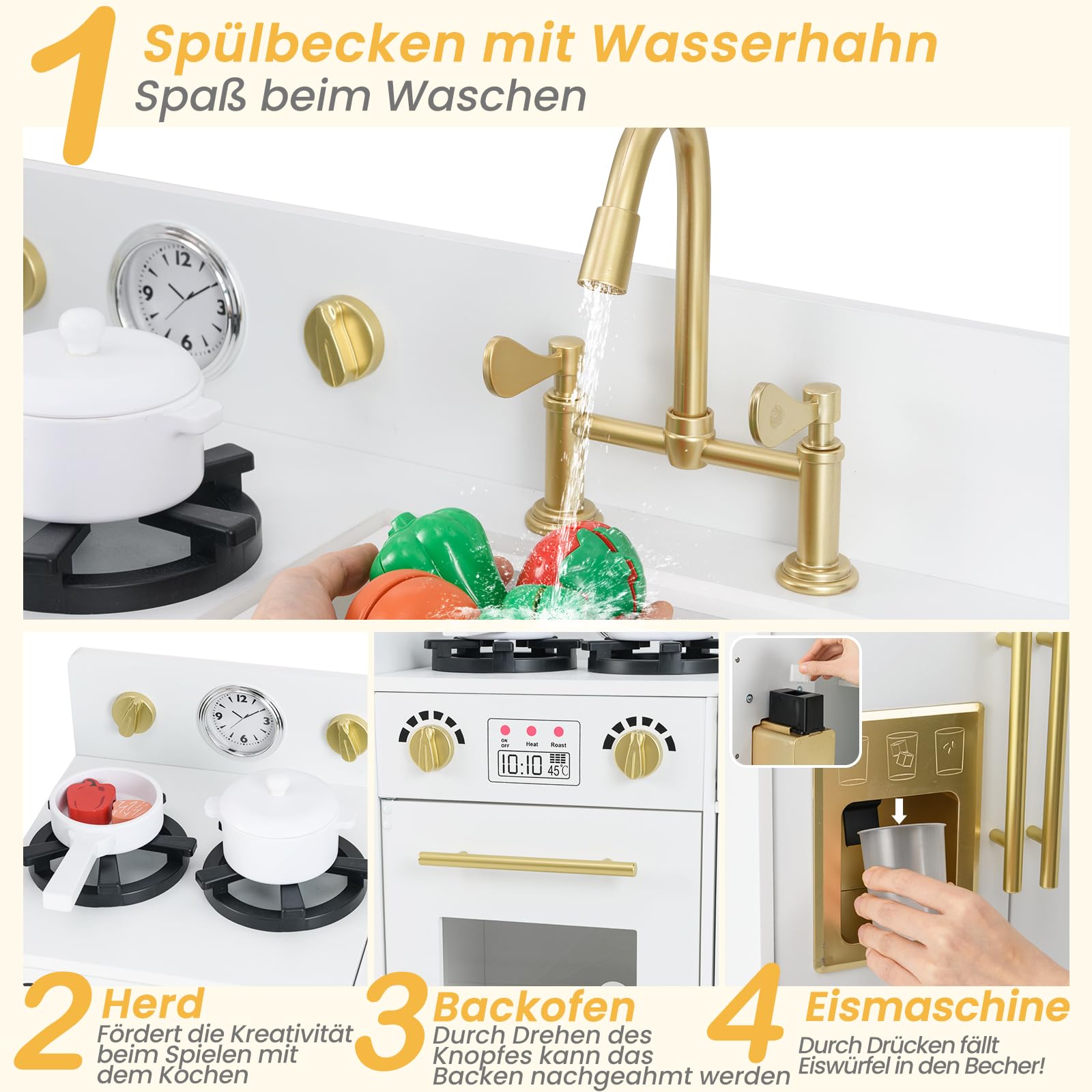 COSTWAY Kinderküche mit Kühlschrank, Spielküche Holz mit Herd & Spüle & Spülmaschine, Spielzeugküche inkl. Zubehör, Holzküche für Kinder ab 3 Jahren