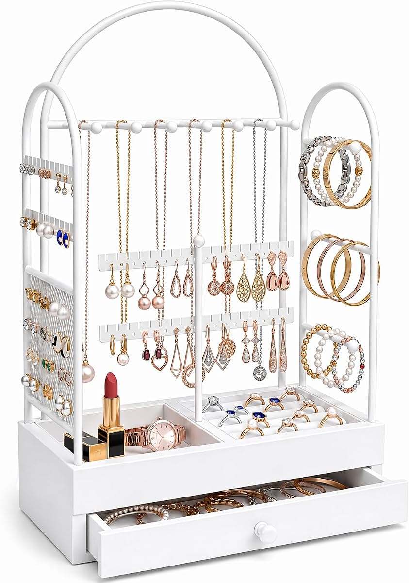 Jewelry Holder, Jewelry Storage Organizer Stand with Velvet Tray & Drawer, Earring Holder & Necklace Display, Multi-section Storage for Necklace, Earrings, Rings, Bracelets, Watches, Gift Idea