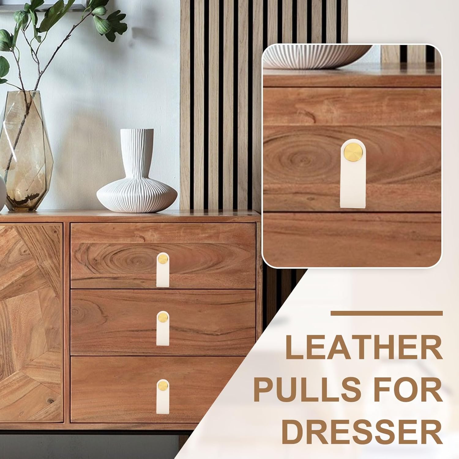 PATIKIL Leather Drawer Pulls, 4 Pack Leather Handle Center Cabinet Dresser Knobs with Screws for Dresser Cupboard Closet Doors, Cream