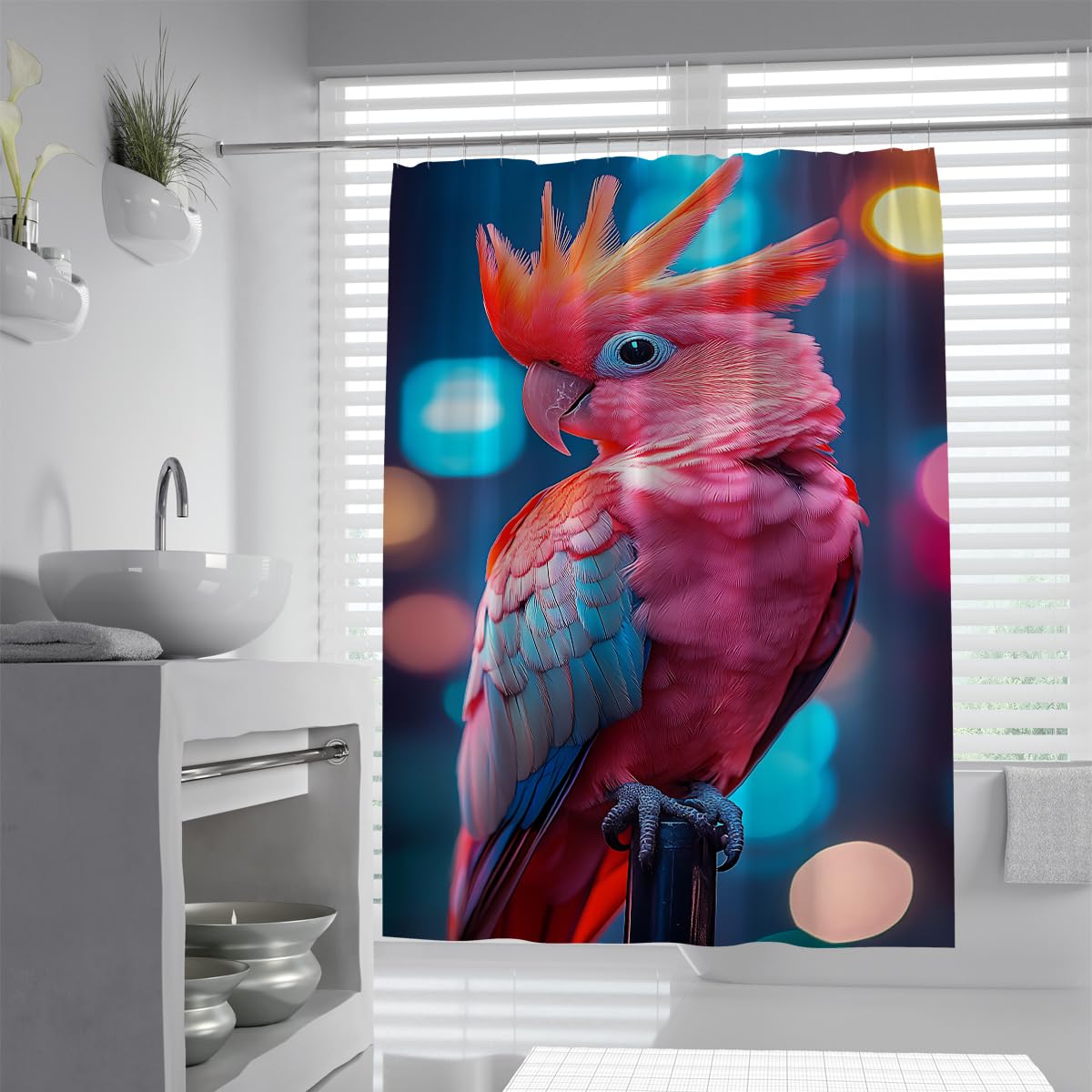 UIRINGART Parrot Shower Curtain W120xL180cm Cute Pink Cockatoo Portrait Colorful Waterproof Quick Dry Easy Clean Fabric Bath Curtains Bathroom Decoration with Hooks