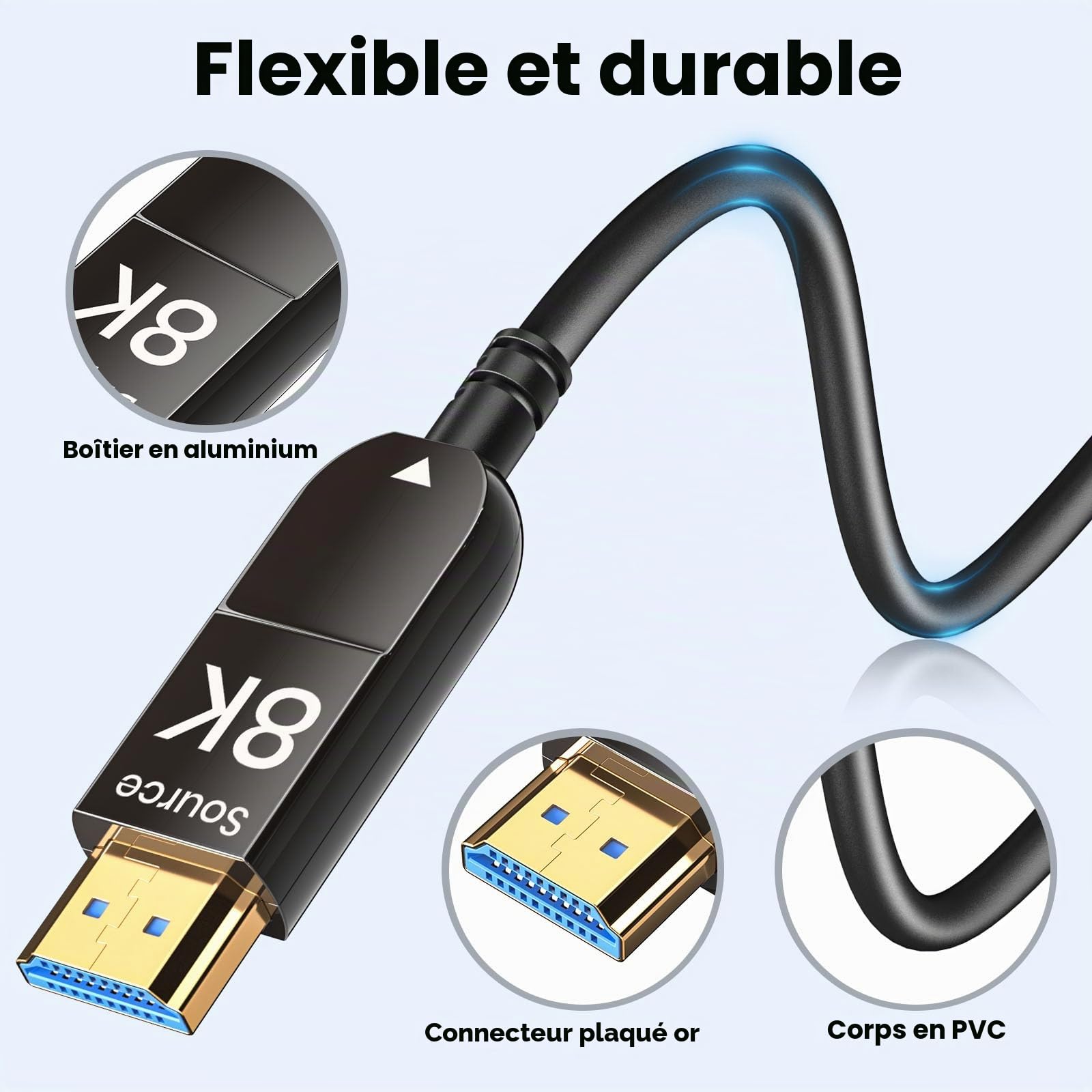 Câble Fibre Optique HDMI 8K 10m, Câble de Fibre Optique Ultra - Rapide HDMI 2.1 48gbps, Prise en Charge 8K@60Hz Et 4K@120Hz HD R Compatible avec Fire Roku Apple HDTV, Moniteur, Projecteur