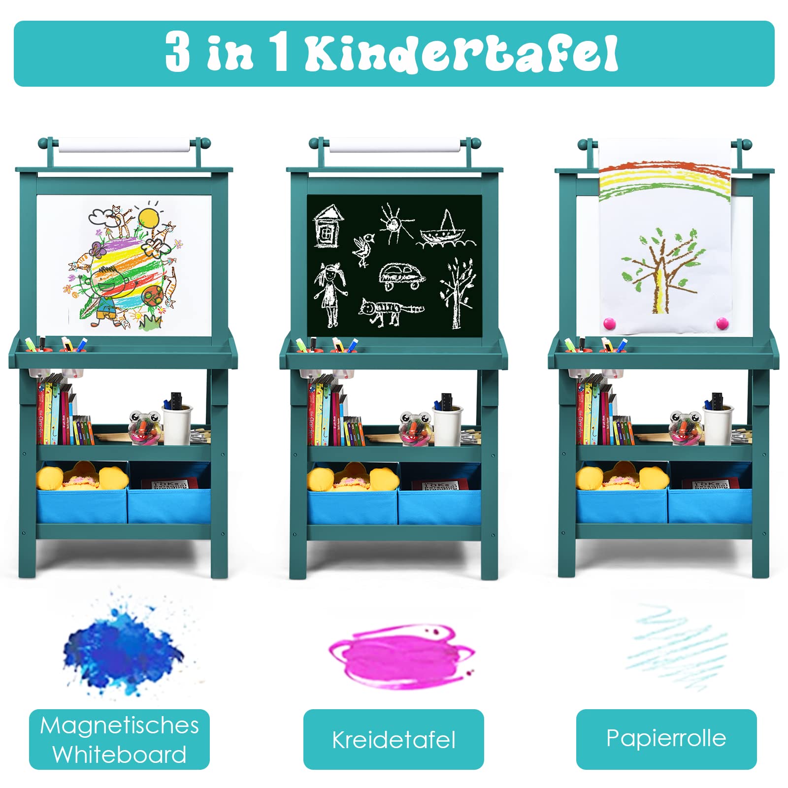 DREAMADE doppelseitige Kinder Staffelei aus Holz, Kinderstaffelei mit Ablage, Kindertafel mit Papierrolle Whiteboard und Kreidetafel, inkl. 2 Stoffboxen (Grün)